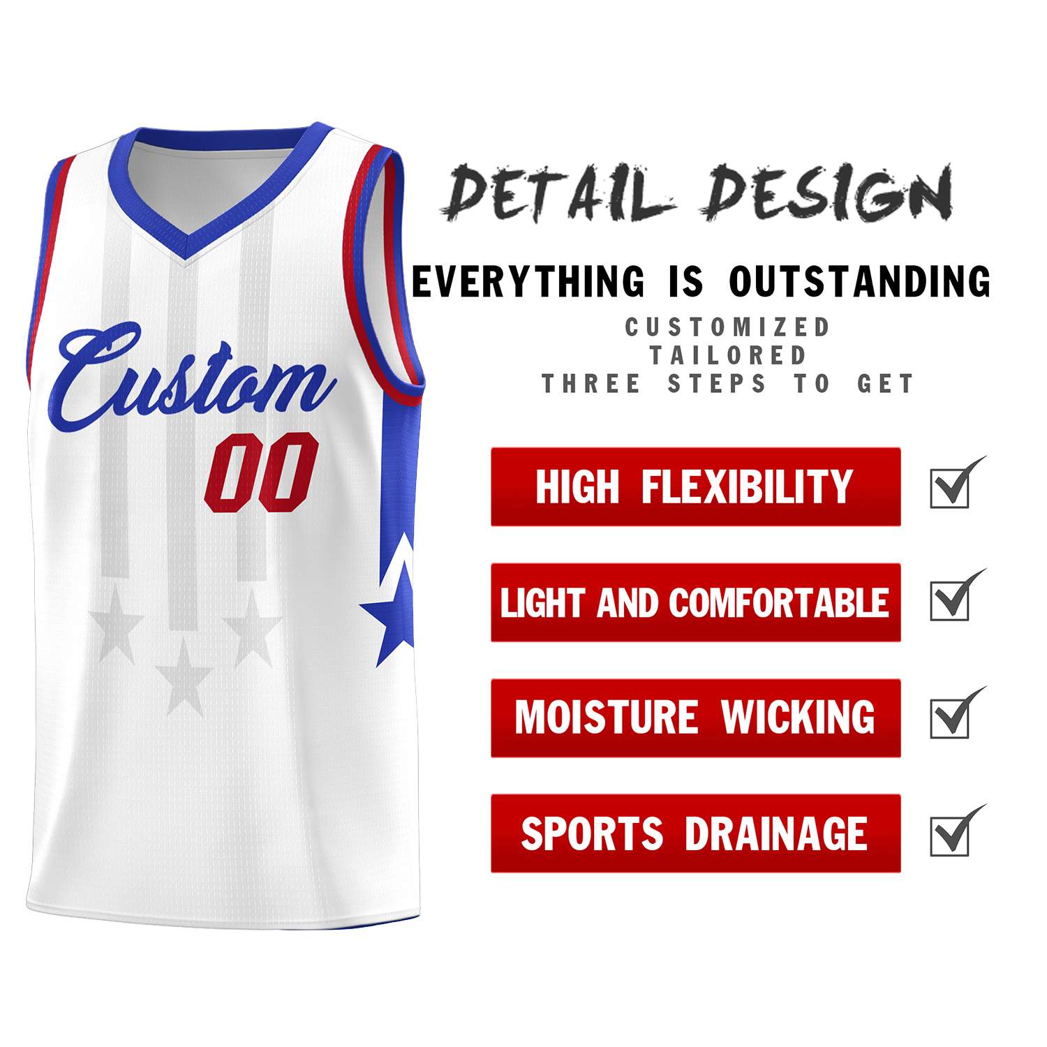 Custom White Royal and Red Gradient Star Graffiti Pattern Sports Uniform Basketball Jersey