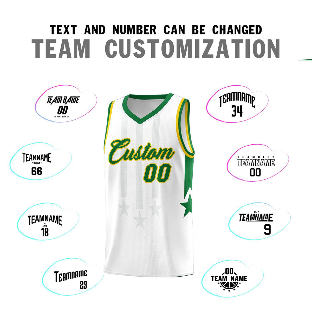Custom White Kelly Green and Gold Gradient Star Graffiti Pattern Sports Uniform Basketball Jersey