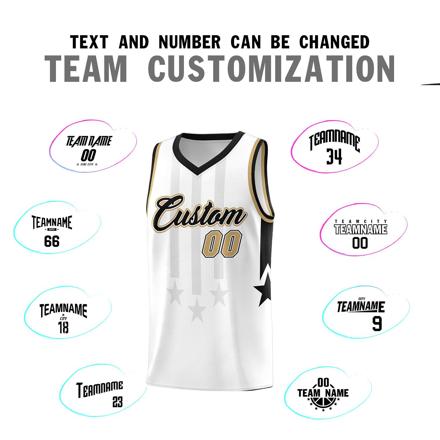 Custom White Black and Old Gold Gradient Star Graffiti Pattern Sports Uniform Basketball Jersey