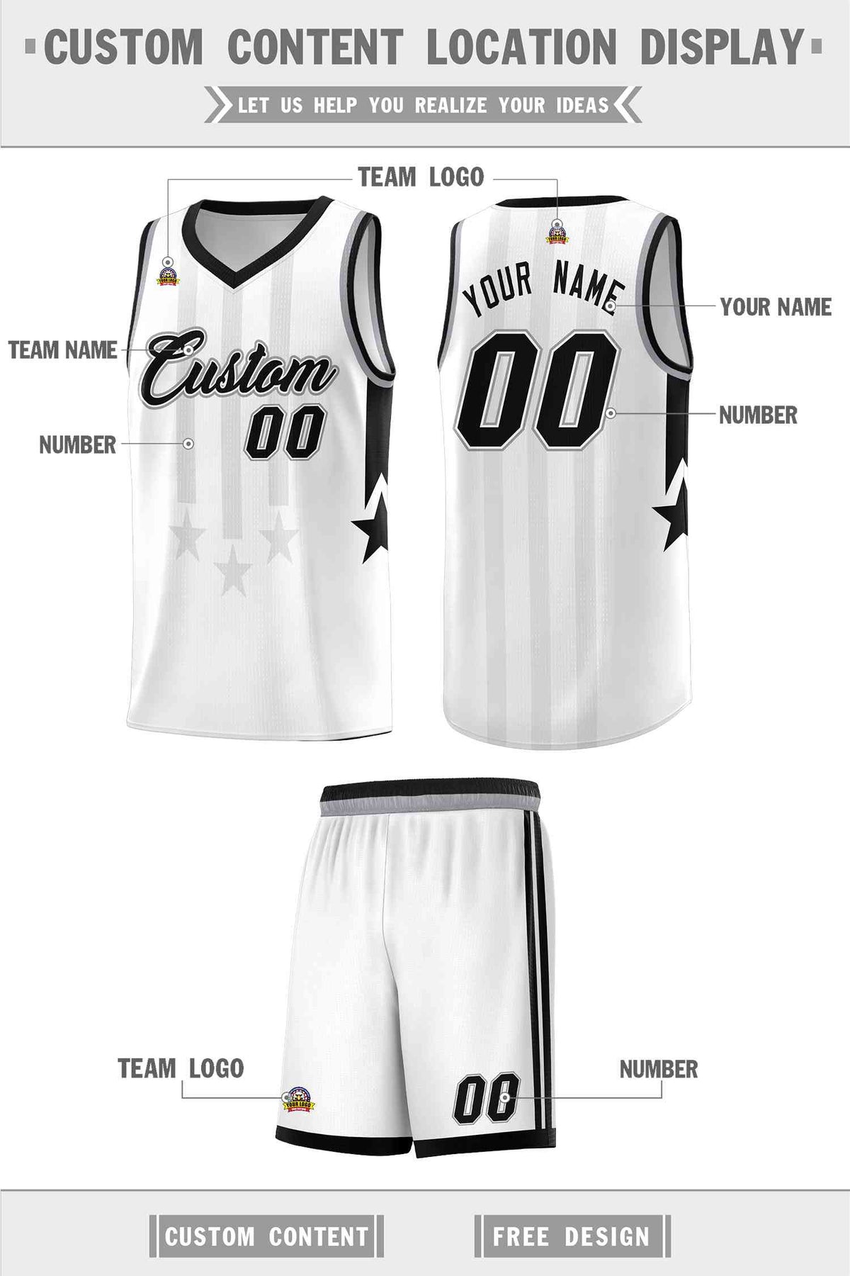 Custom White Black and Gray Gradient Star Graffiti Pattern Sports Uniform Basketball Jersey