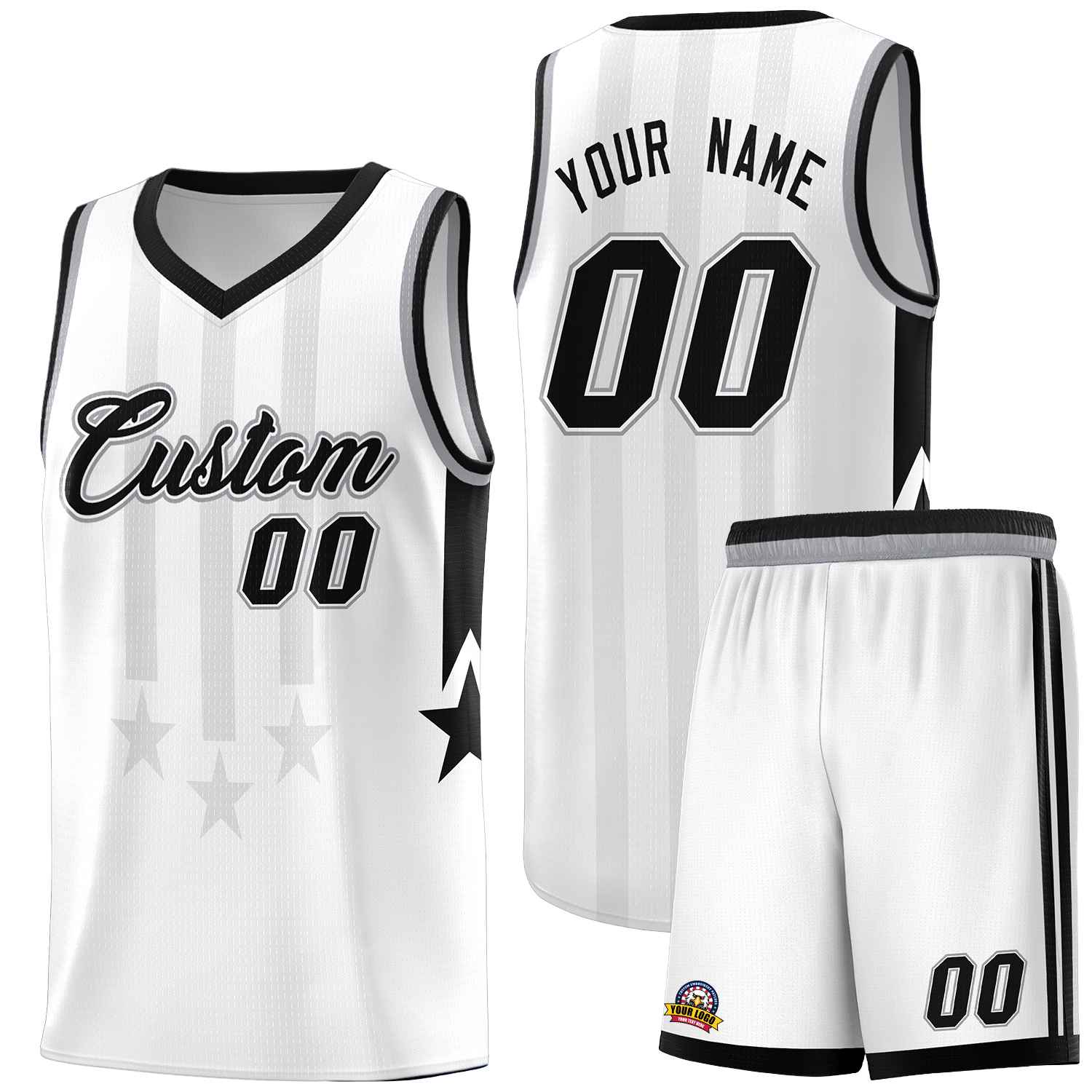 Custom White Black and Gray Gradient Star Graffiti Pattern Sports Uniform Basketball Jersey