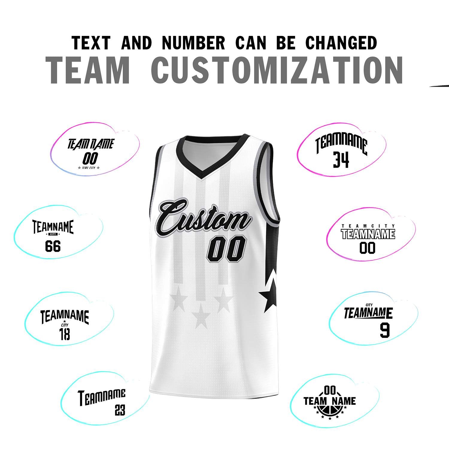 Custom White Black and Gray Gradient Star Graffiti Pattern Sports Uniform Basketball Jersey