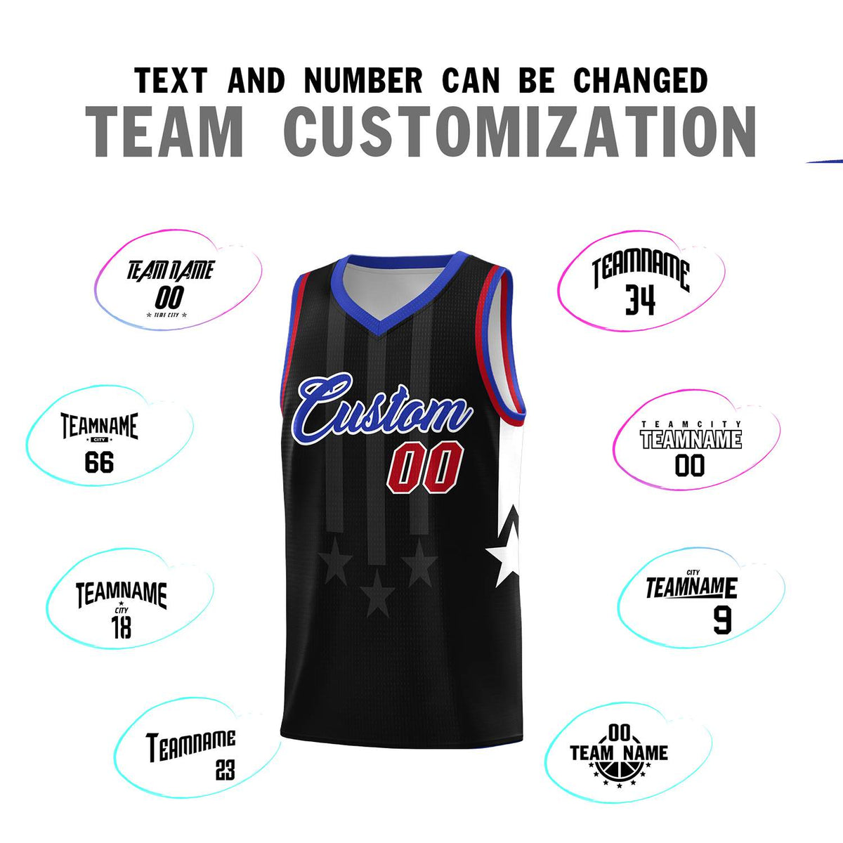 Custom Black Royal and Red Gradient Star Graffiti Pattern Sports Uniform Basketball Jersey