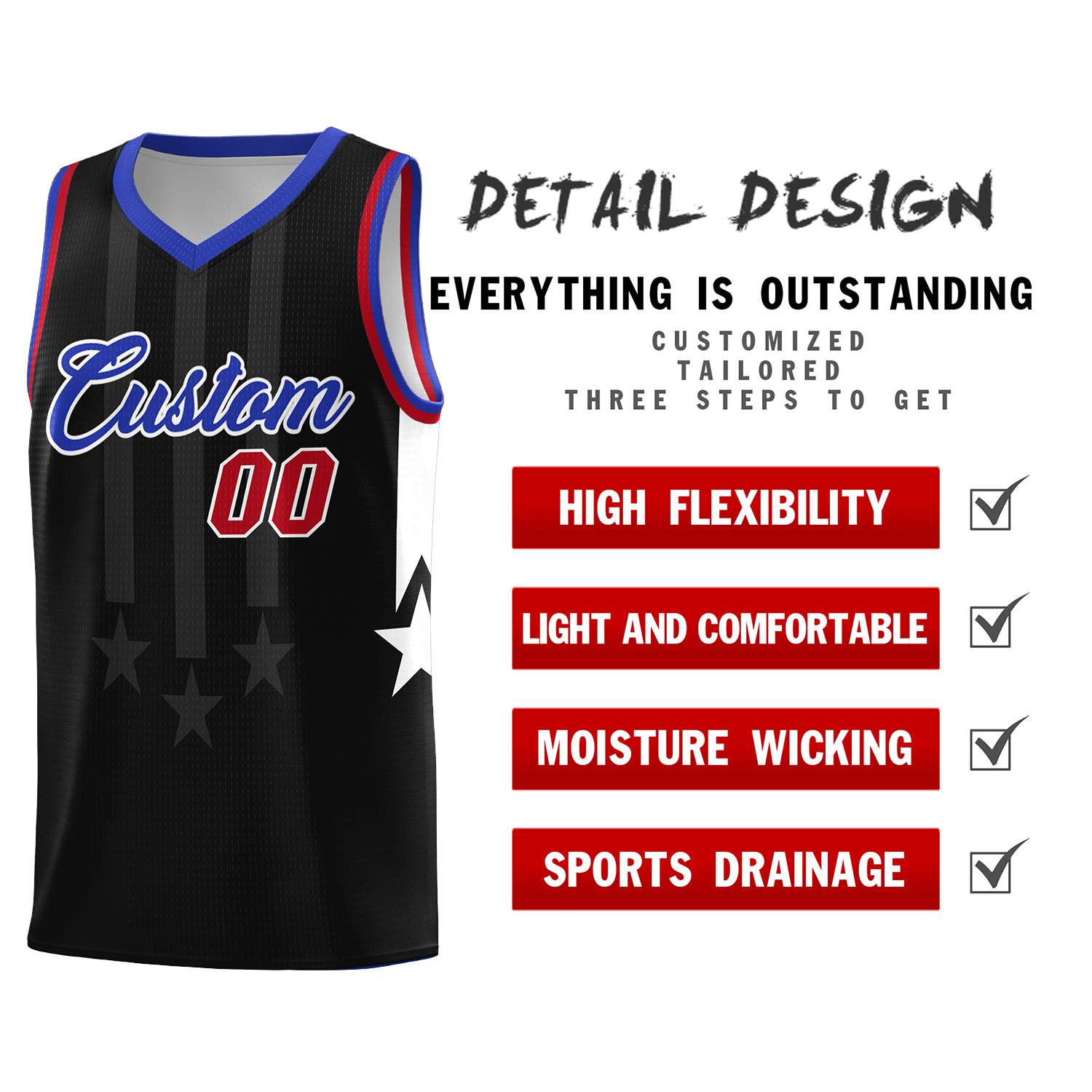 Custom Black Royal and Red Gradient Star Graffiti Pattern Sports Uniform Basketball Jersey