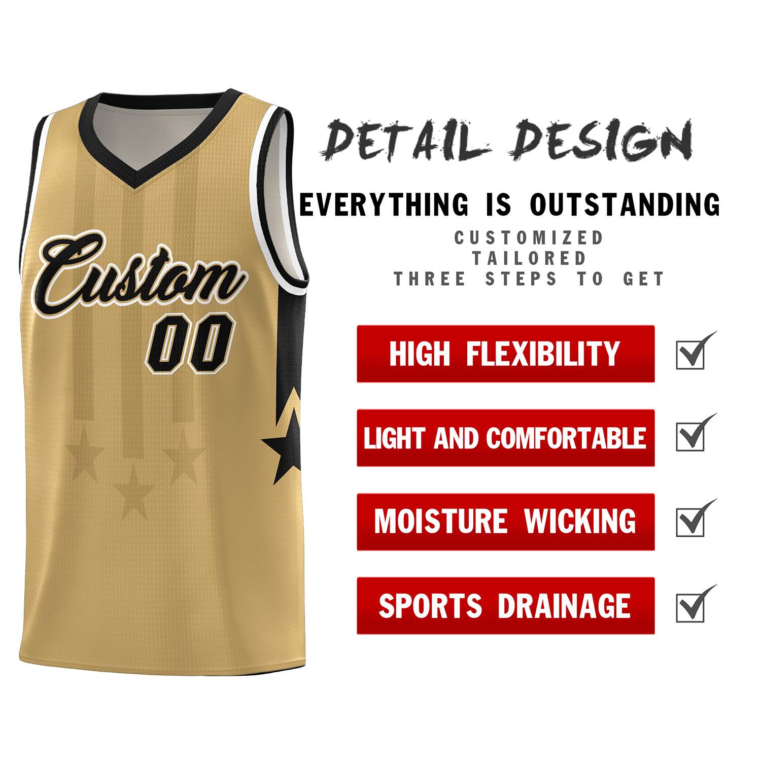 Custom Old Gold Black and White Gradient Star Graffiti Pattern Sports Uniform Basketball Jersey