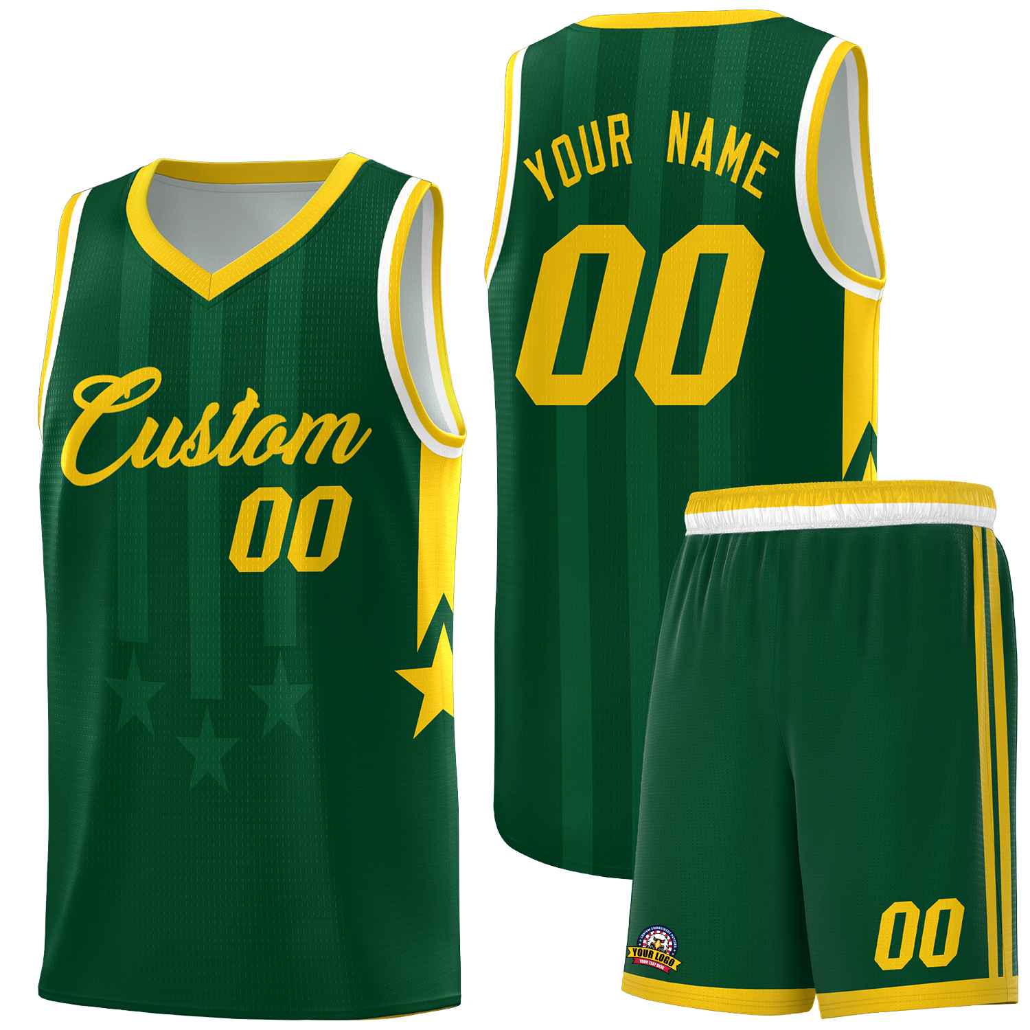 Custom Green Gold and White Gradient Star Graffiti Pattern Sports Uniform Basketball Jersey