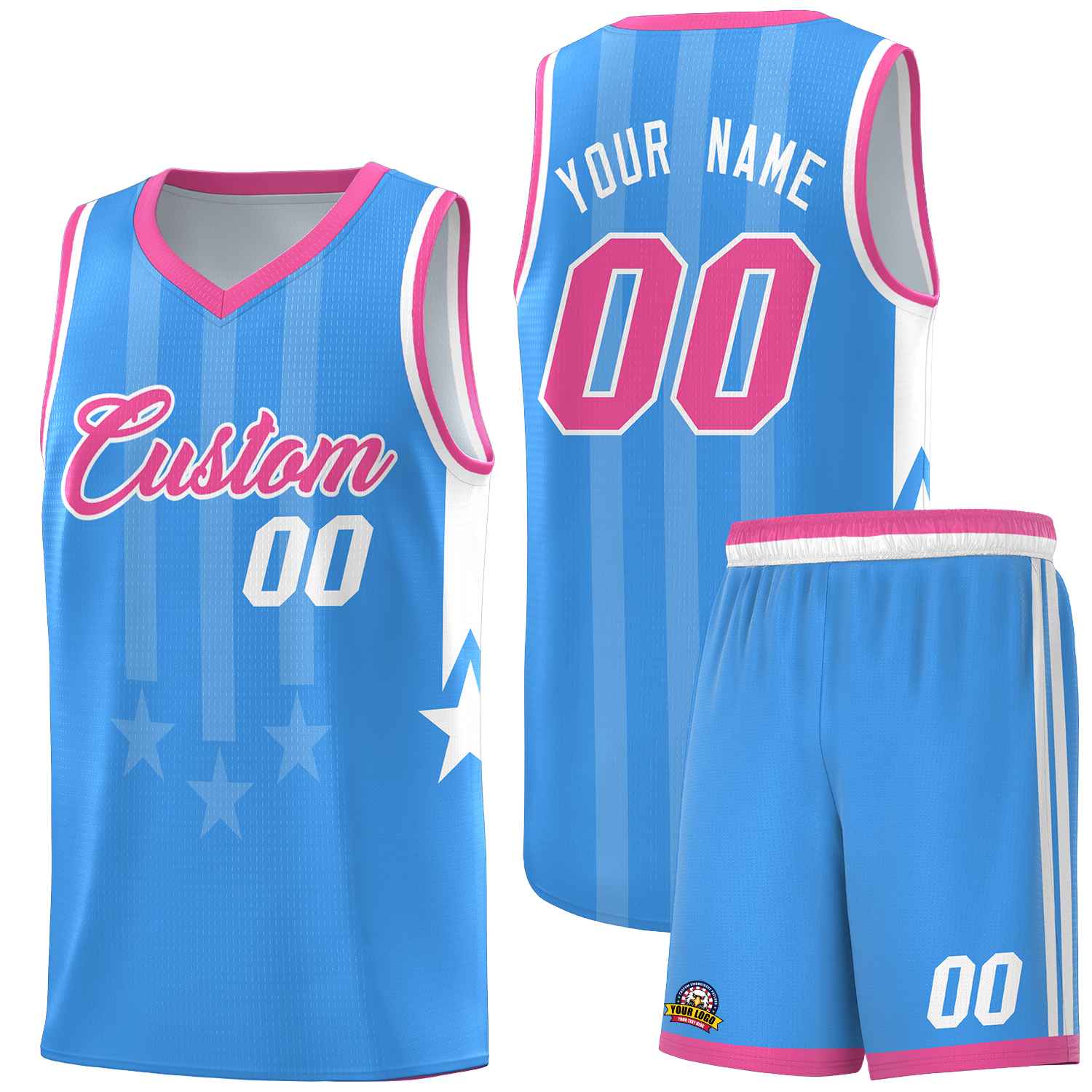 Custom Powder Blue Pink and White Gradient Star Graffiti Pattern Sports Uniform Basketball Jersey