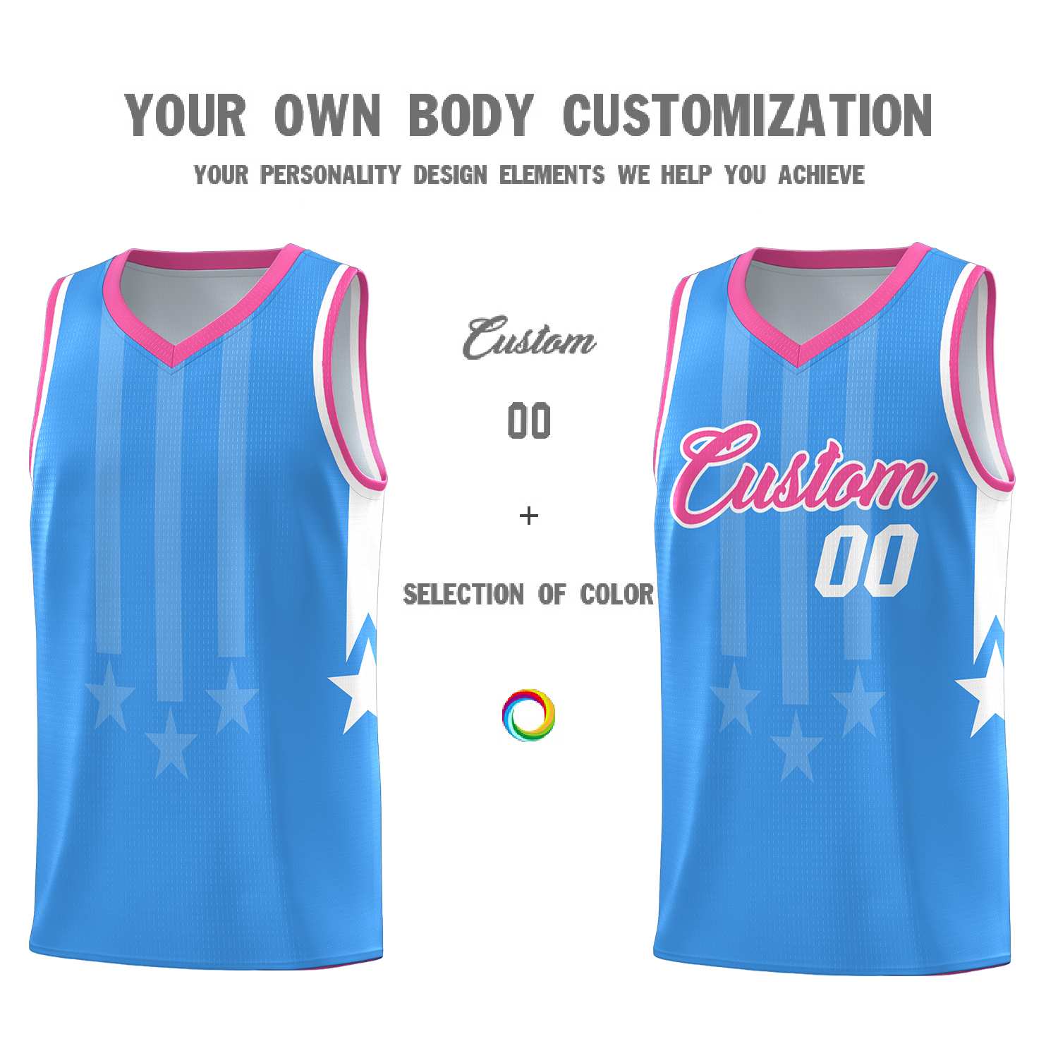 Custom Powder Blue Pink and White Gradient Star Graffiti Pattern Sports Uniform Basketball Jersey