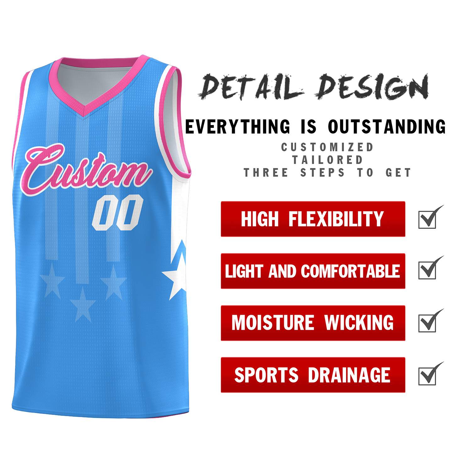 Custom Powder Blue Pink and White Gradient Star Graffiti Pattern Sports Uniform Basketball Jersey