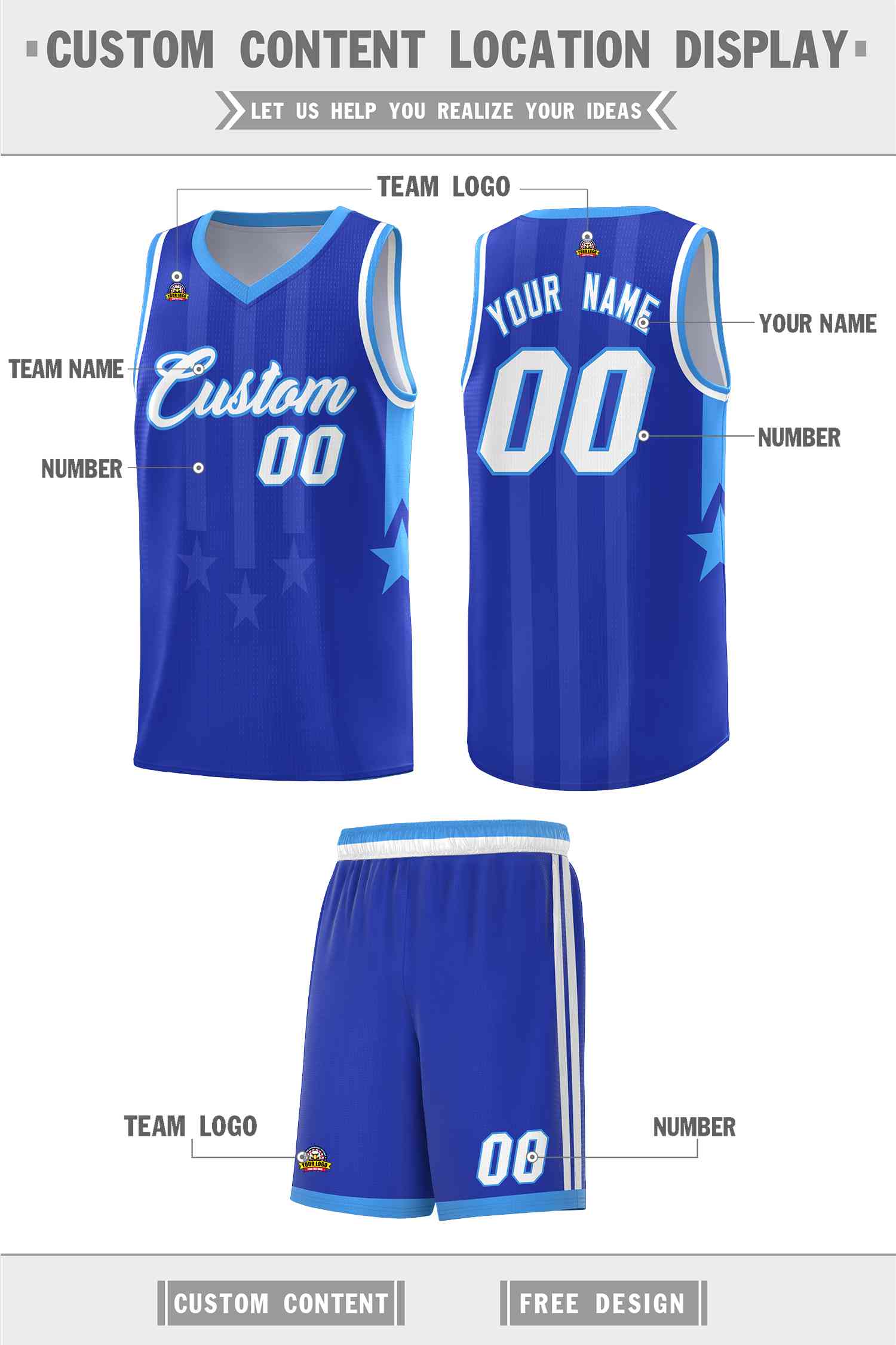 Custom Royal Powder Blue and White Gradient Star Graffiti Pattern Sports Uniform Basketball Jersey