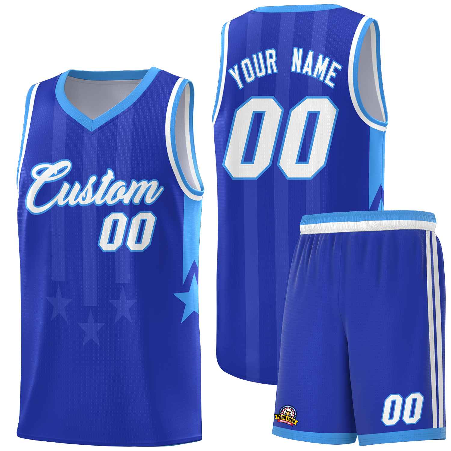 Custom Royal Powder Blue and White Gradient Star Graffiti Pattern Sports Uniform Basketball Jersey