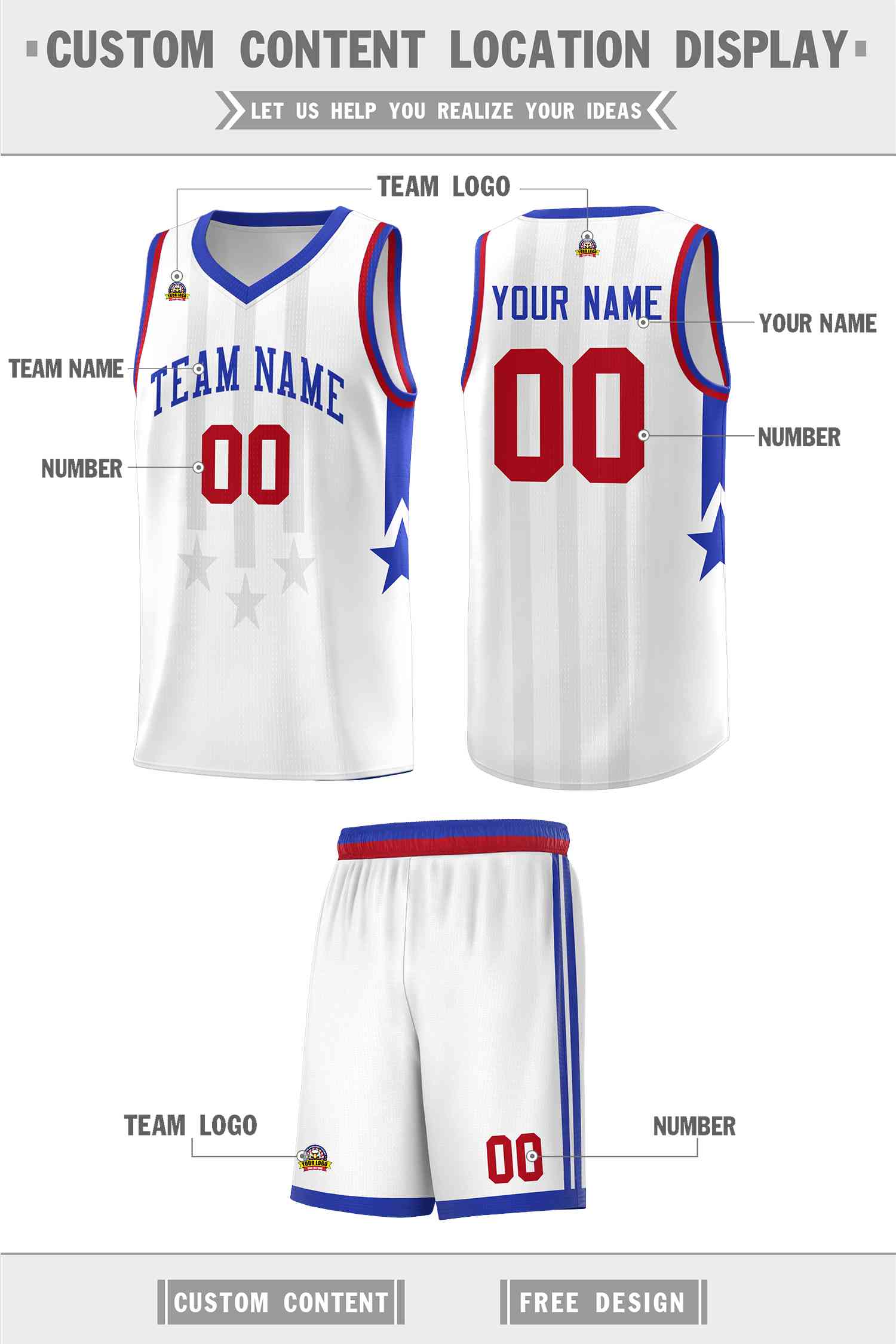 Custom White Royal and Red Gradient Star Graffiti Pattern Sports Uniform Basketball Jersey