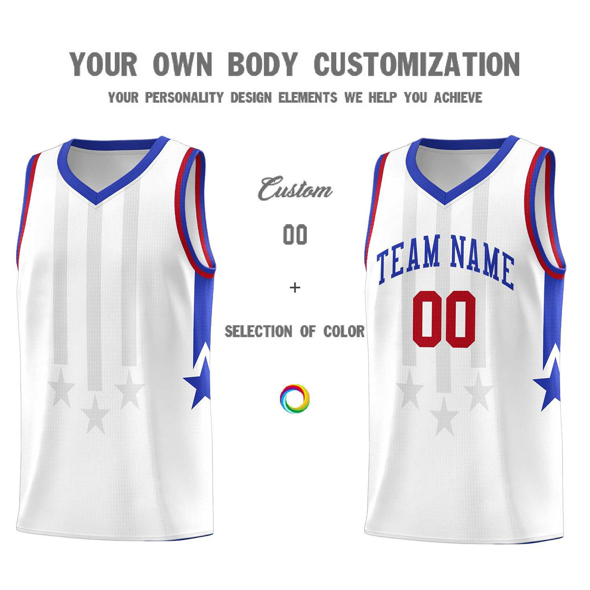 Custom White Royal and Red Gradient Star Graffiti Pattern Sports Uniform Basketball Jersey