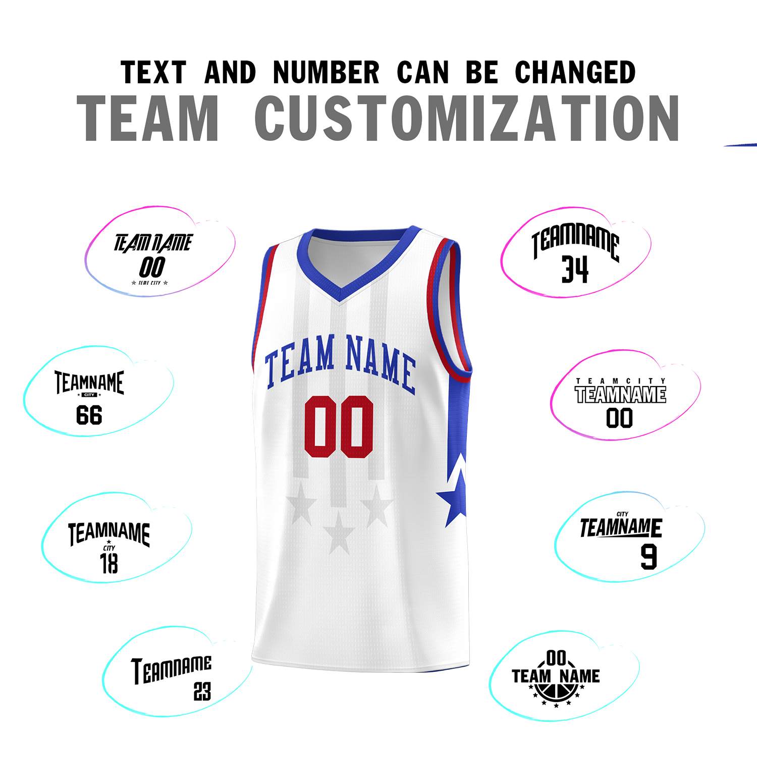 Custom White Royal and Red Gradient Star Graffiti Pattern Sports Uniform Basketball Jersey