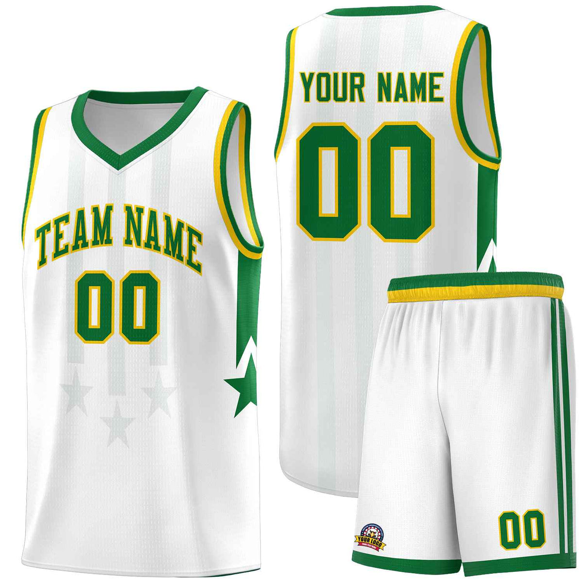Custom White Kelly Green and Gold Gradient Star Graffiti Pattern Sports Uniform Basketball Jersey