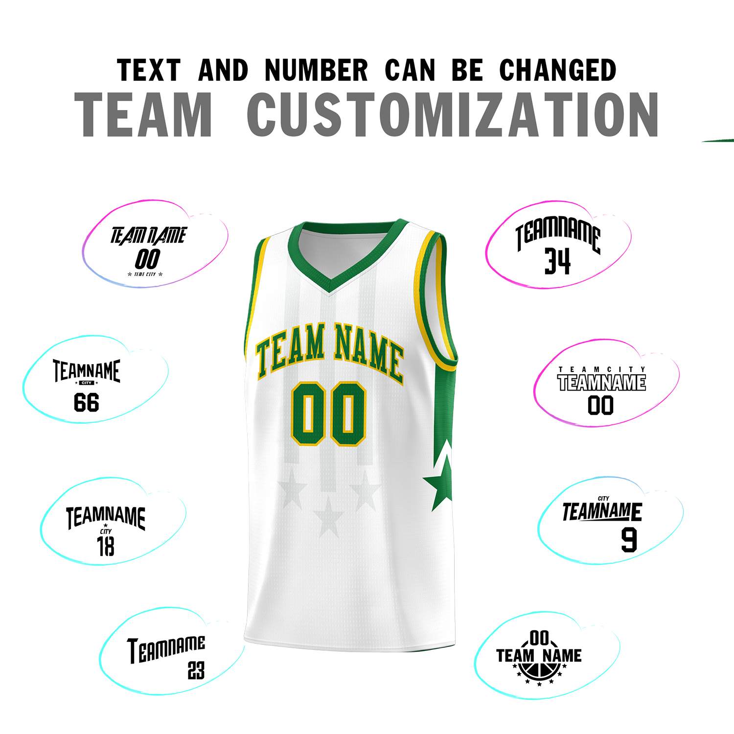 Custom White Kelly Green and Gold Gradient Star Graffiti Pattern Sports Uniform Basketball Jersey