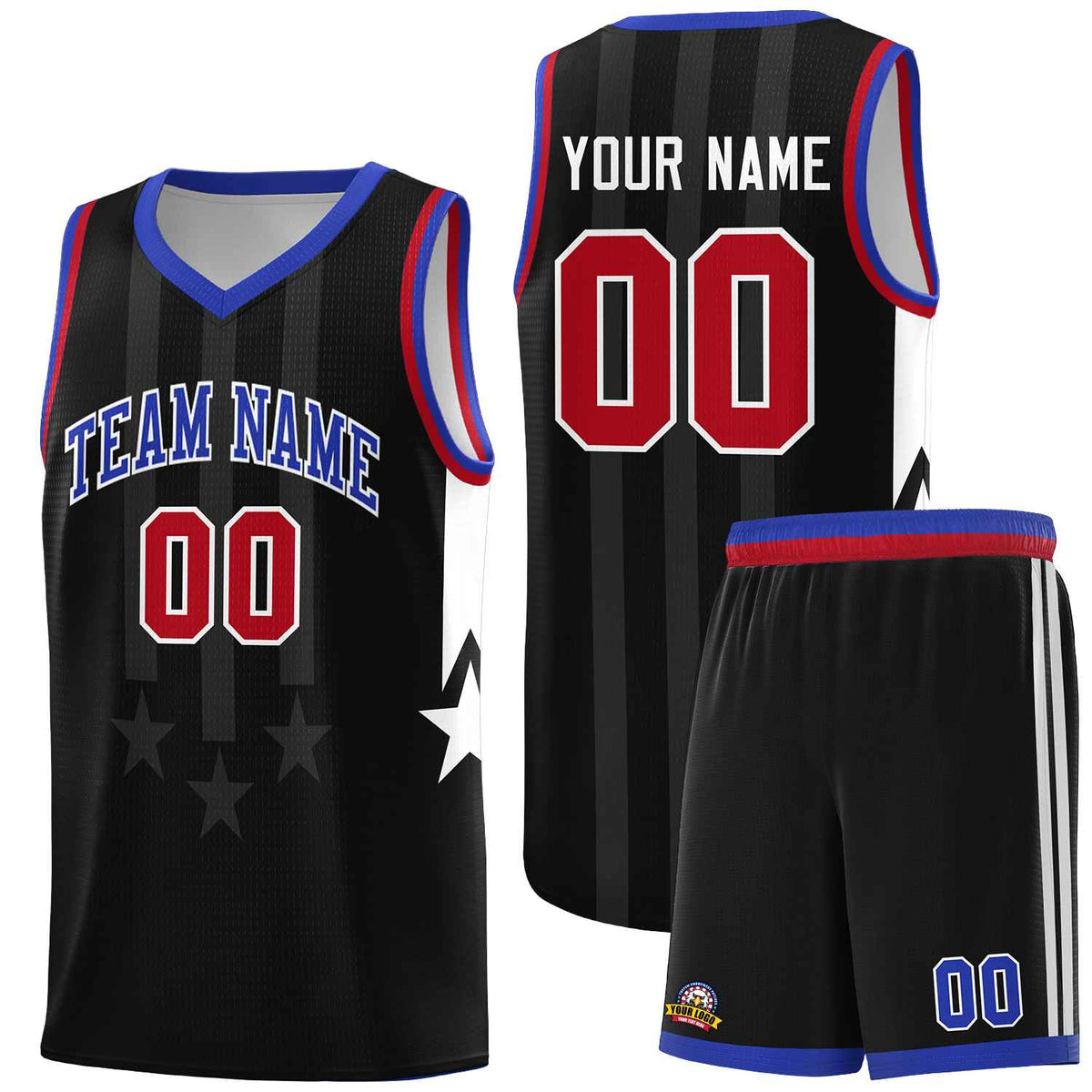 Custom Black Royal and Red Gradient Star Graffiti Pattern Sports Uniform Basketball Jersey