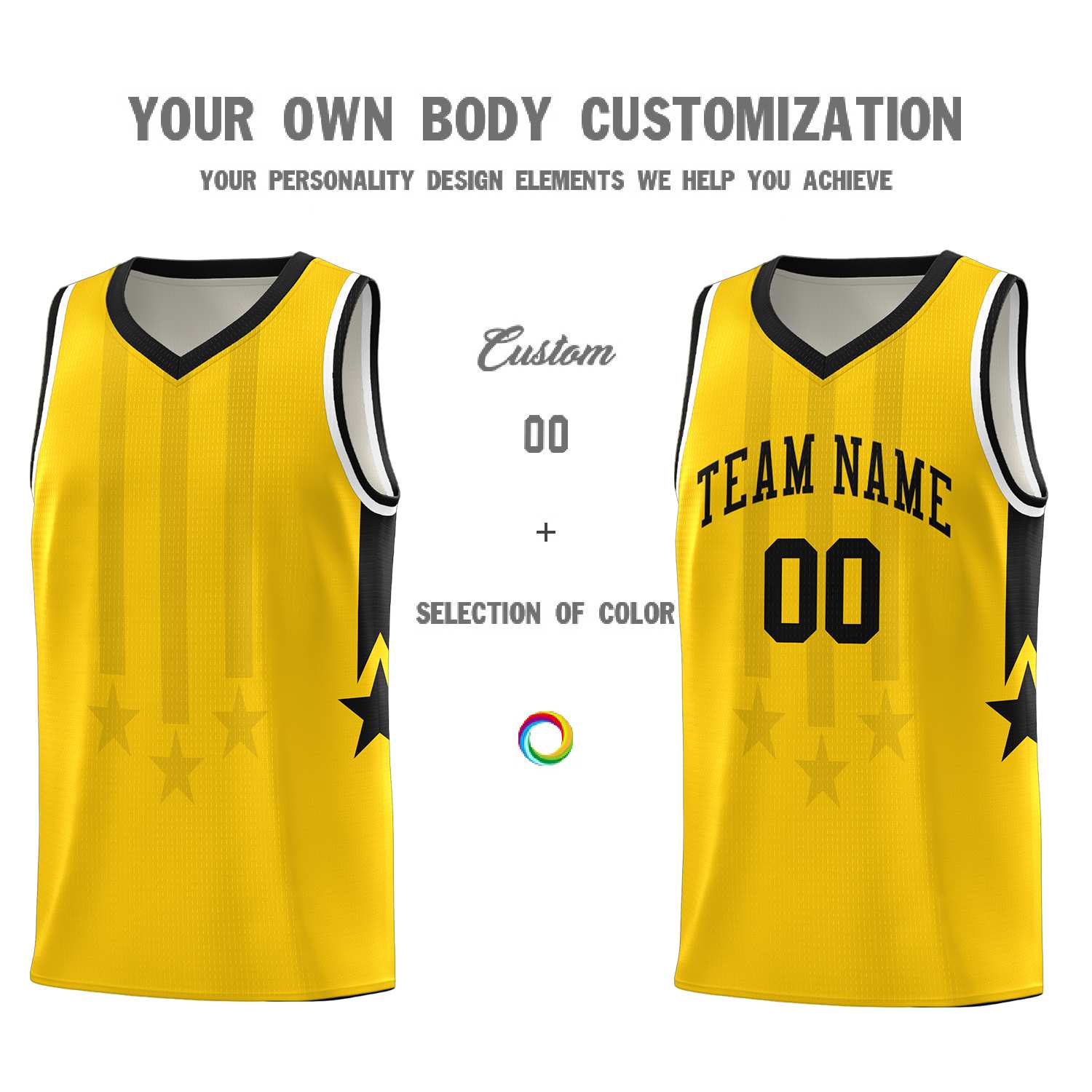 Custom Gold Black and White Gradient Star Graffiti Pattern Sports Uniform Basketball Jersey