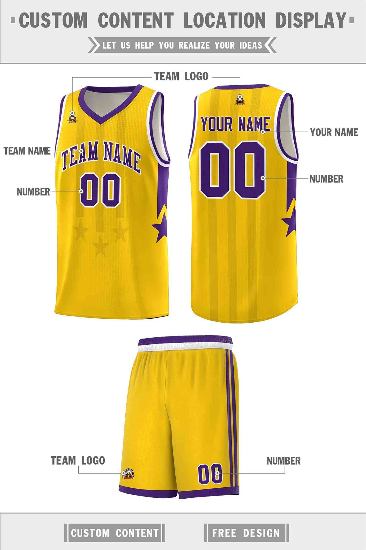 Custom Gold Purple and White Gradient Star Graffiti Pattern Sports Uniform Basketball Jersey