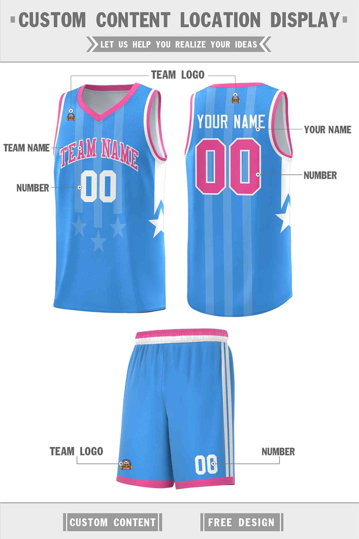 Custom Powder Blue Pink and White Gradient Star Graffiti Pattern Sports Uniform Basketball Jersey