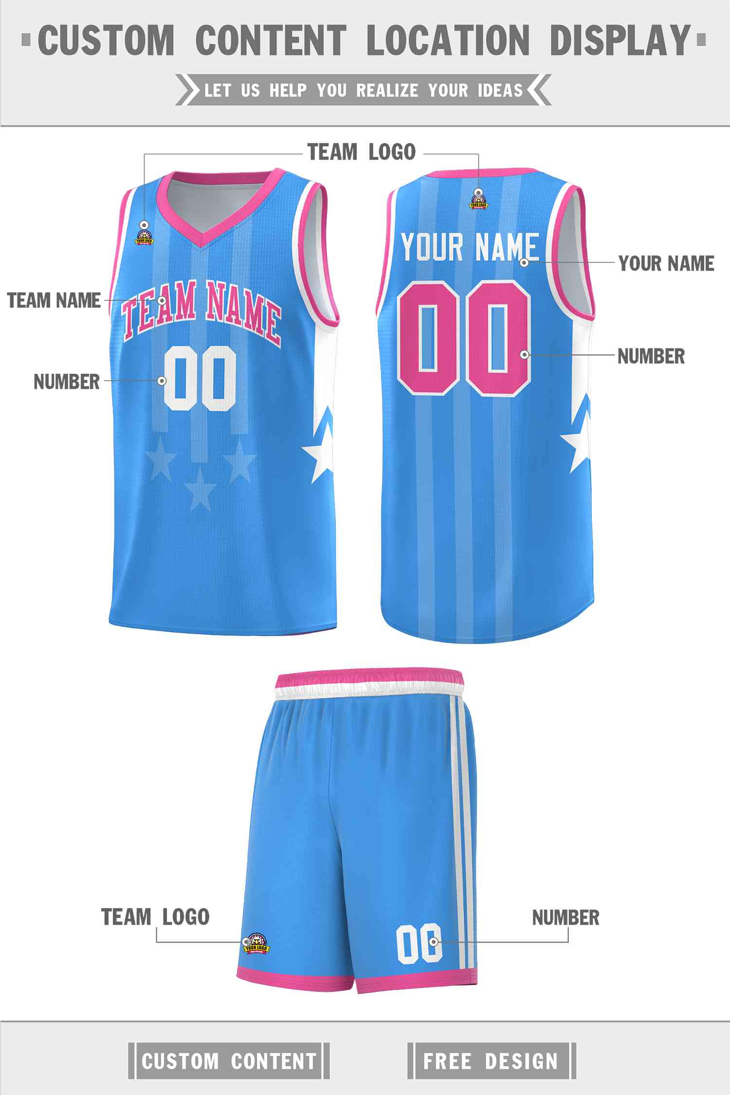 Custom Powder Blue Pink and White Gradient Star Graffiti Pattern Sports Uniform Basketball Jersey