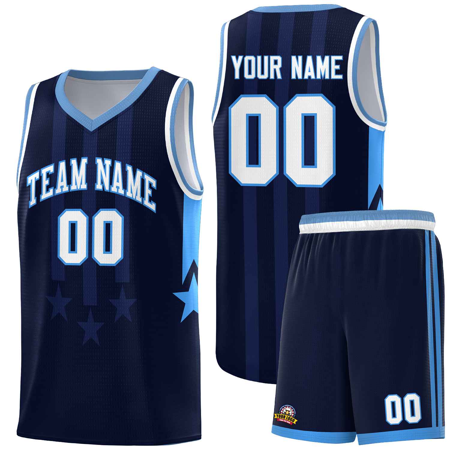 Custom Navy Light Blue and White Gradient Star Graffiti Pattern Sports Uniform Basketball Jersey