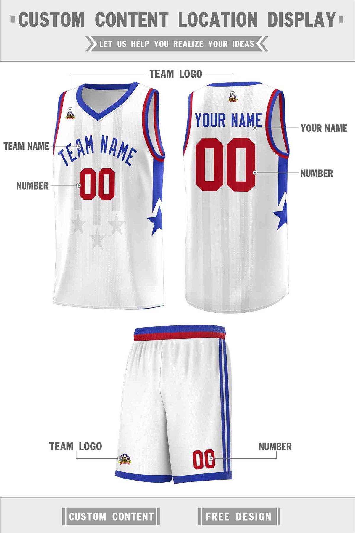 Custom White Royal and Red Gradient Star Graffiti Pattern Sports Uniform Basketball Jersey