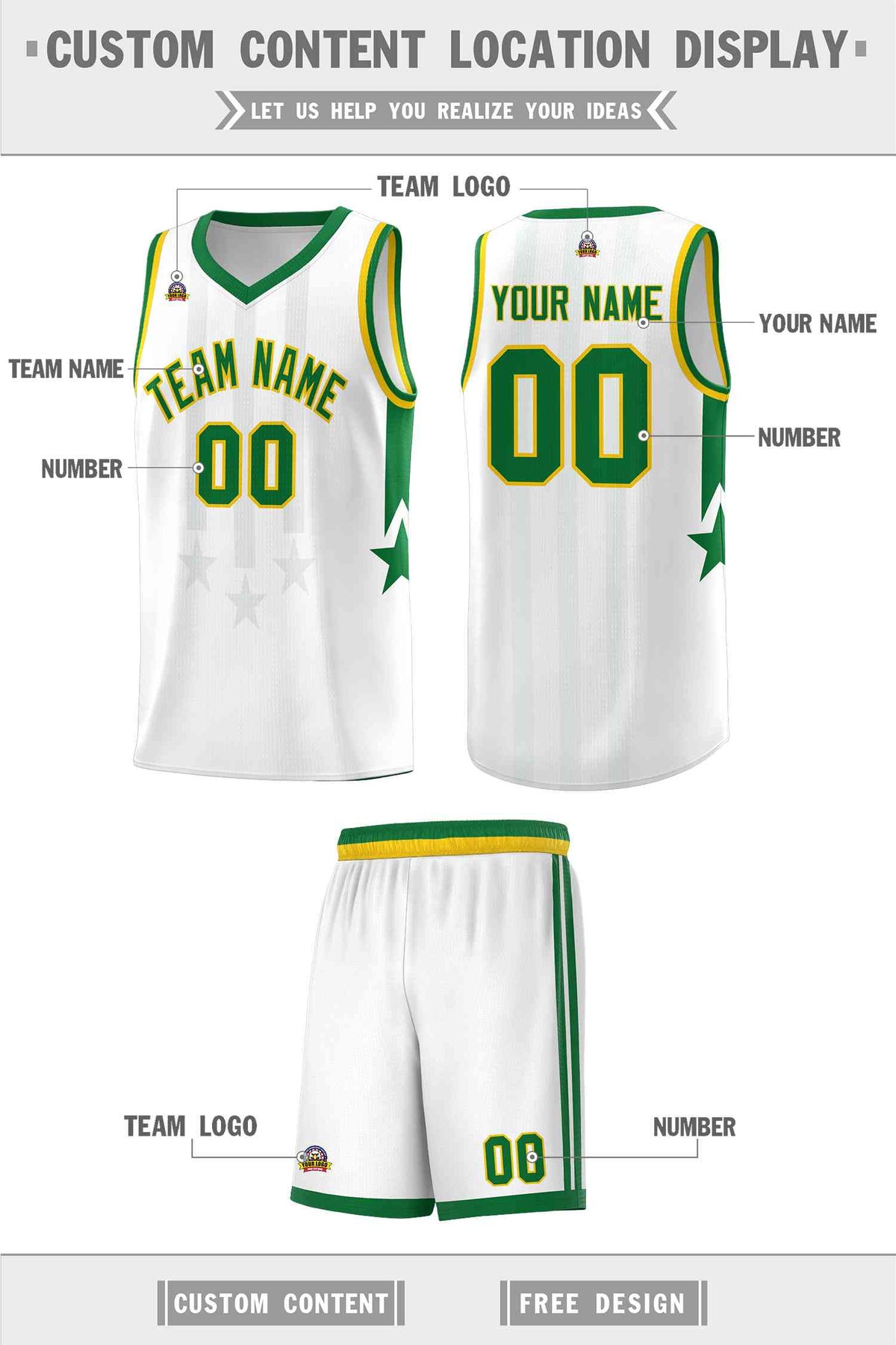 Custom White Kelly Green and Gold Gradient Star Graffiti Pattern Sports Uniform Basketball Jersey