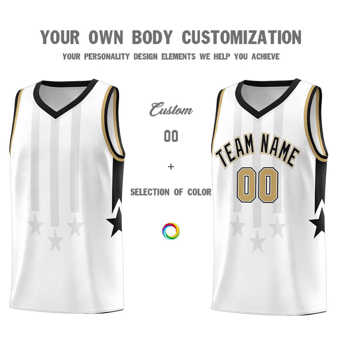 Custom White Black and Old Gold Gradient Star Graffiti Pattern Sports Uniform Basketball Jersey