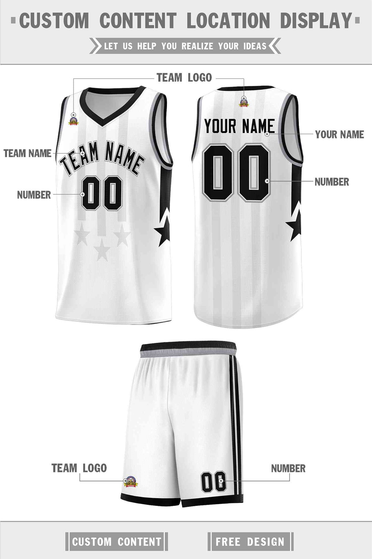 Custom White Black and Gray Gradient Star Graffiti Pattern Sports Uniform Basketball Jersey