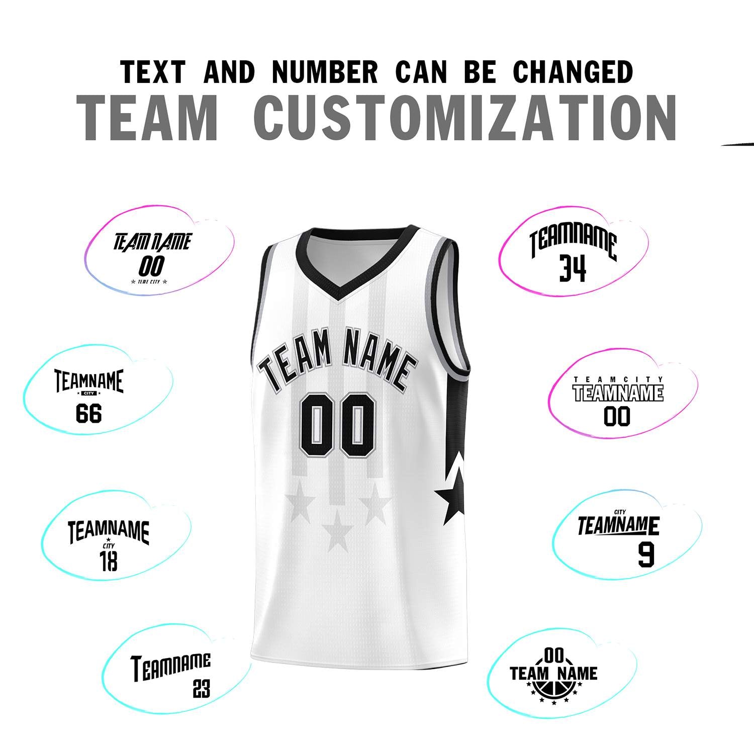 Custom White Black and Gray Gradient Star Graffiti Pattern Sports Uniform Basketball Jersey
