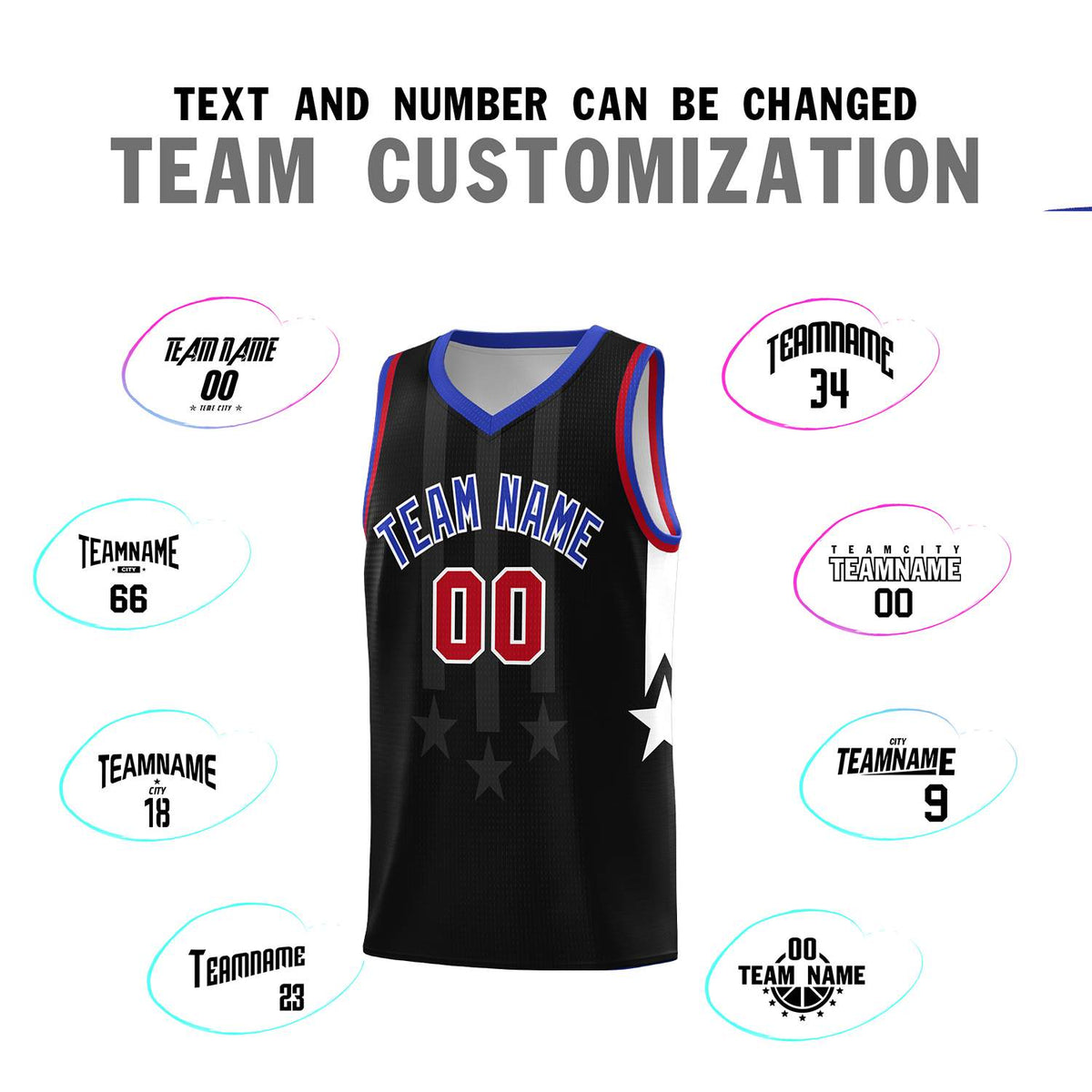 Custom Black Royal and Red Gradient Star Graffiti Pattern Sports Uniform Basketball Jersey