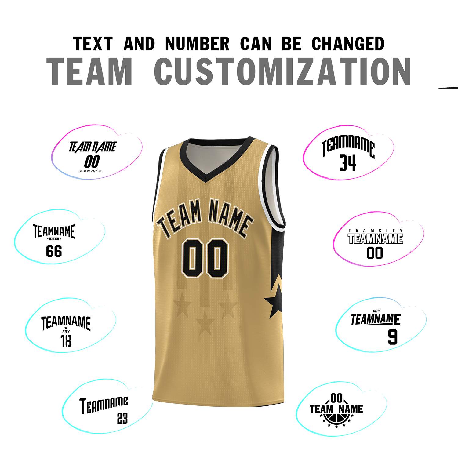 Custom Old Gold Black and White Gradient Star Graffiti Pattern Sports Uniform Basketball Jersey
