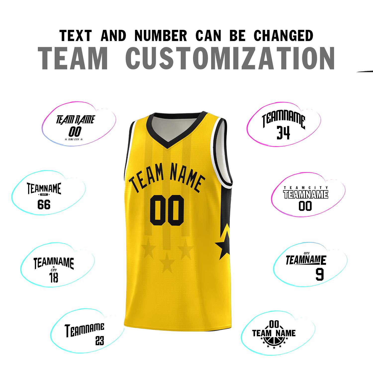 Custom Gold Black and White Gradient Star Graffiti Pattern Sports Uniform Basketball Jersey
