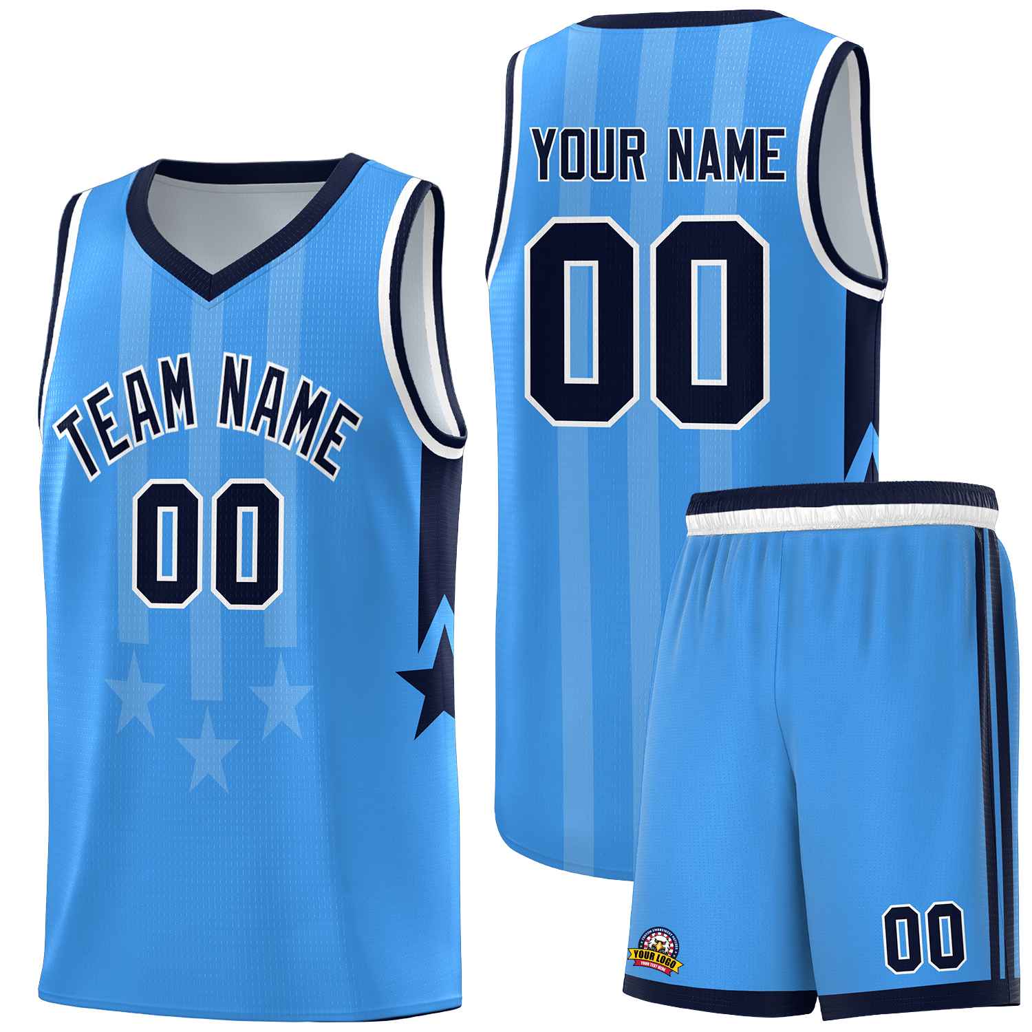 Custom Powder Blue Navy and White Gradient Star Graffiti Pattern Sports Uniform Basketball Jersey