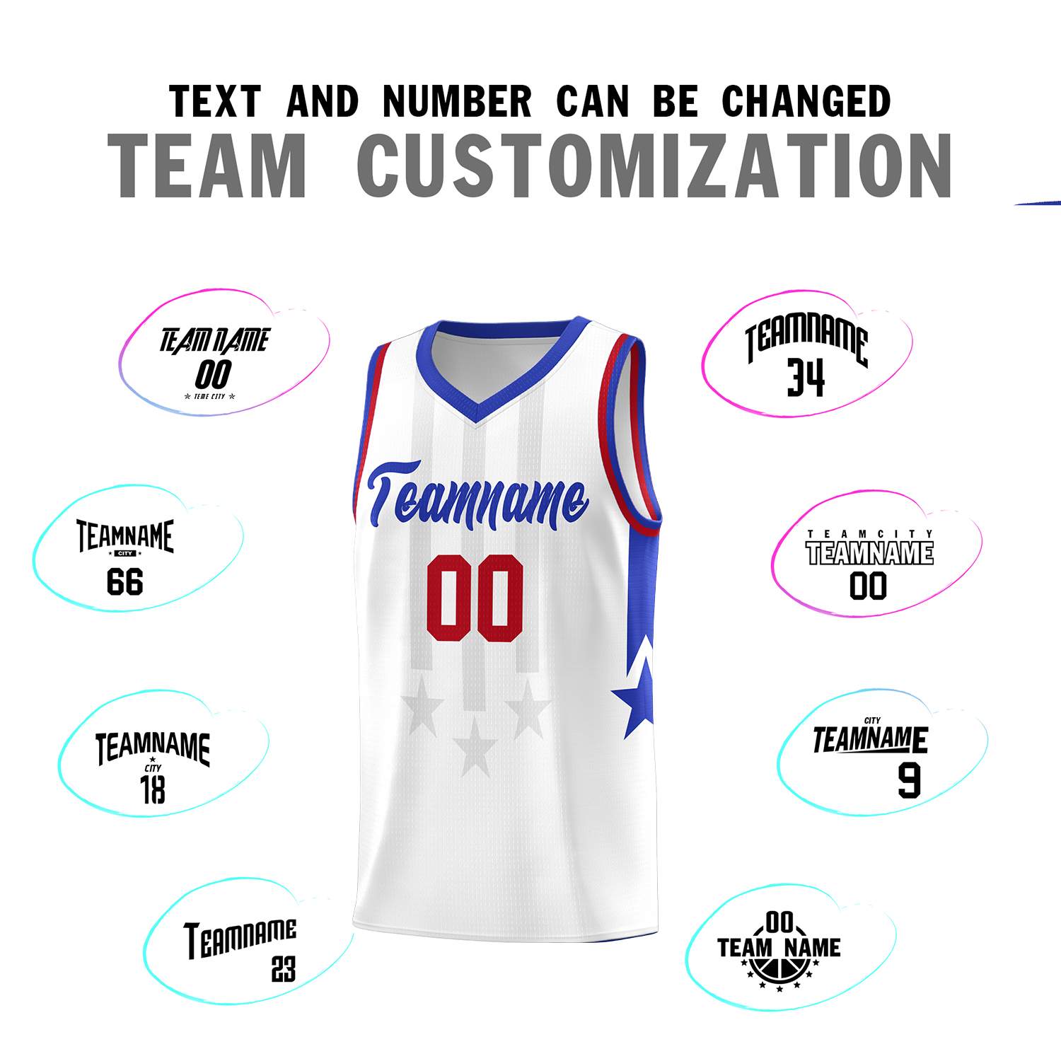 Custom White Royal and Red Gradient Star Graffiti Pattern Sports Uniform Basketball Jersey