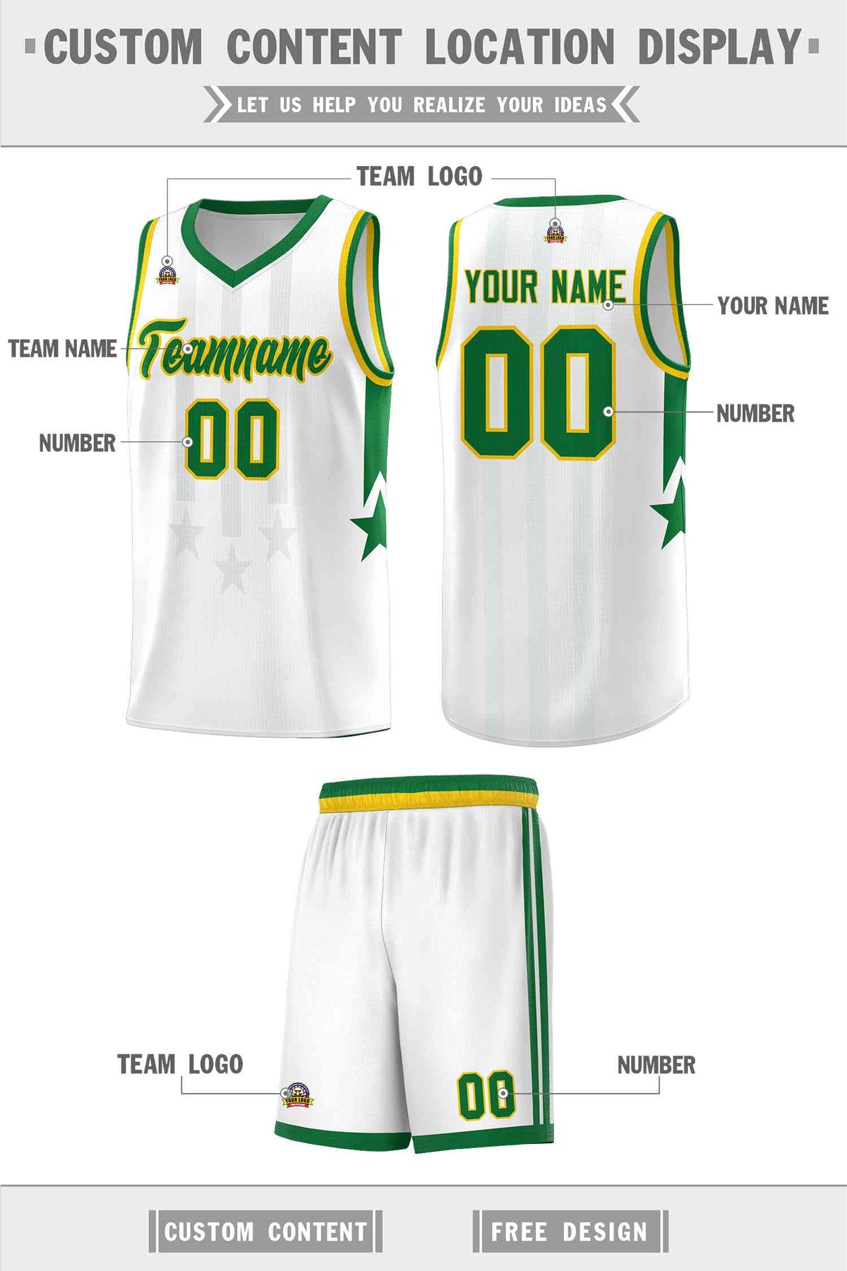 Custom White Kelly Green and Gold Gradient Star Graffiti Pattern Sports Uniform Basketball Jersey