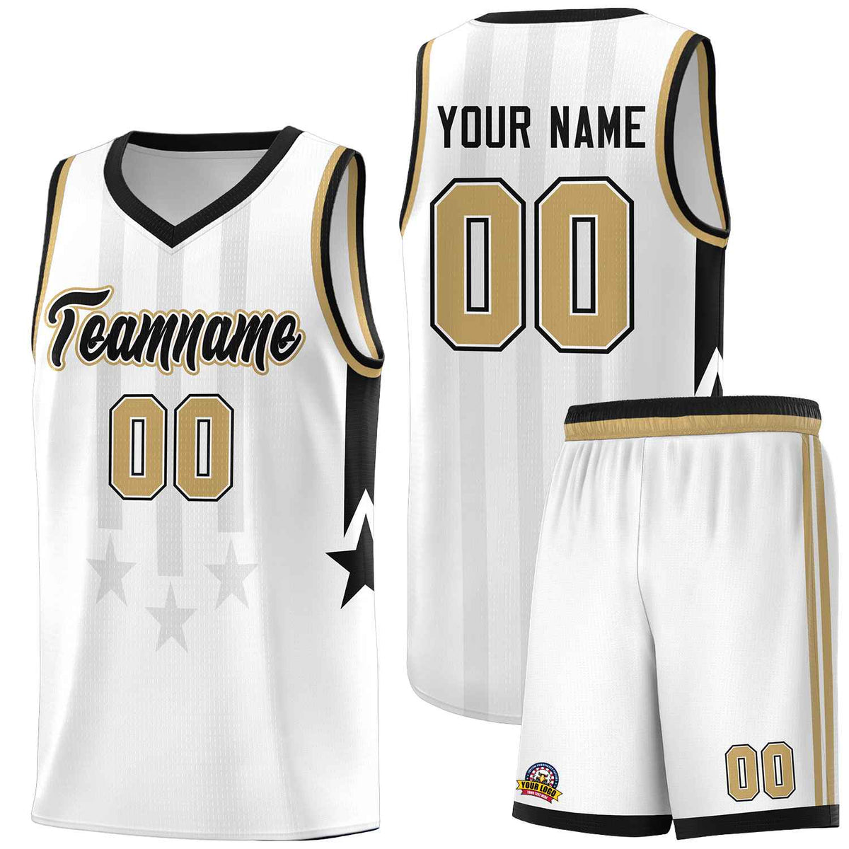 Custom White Black and Old Gold Gradient Star Graffiti Pattern Sports Uniform Basketball Jersey