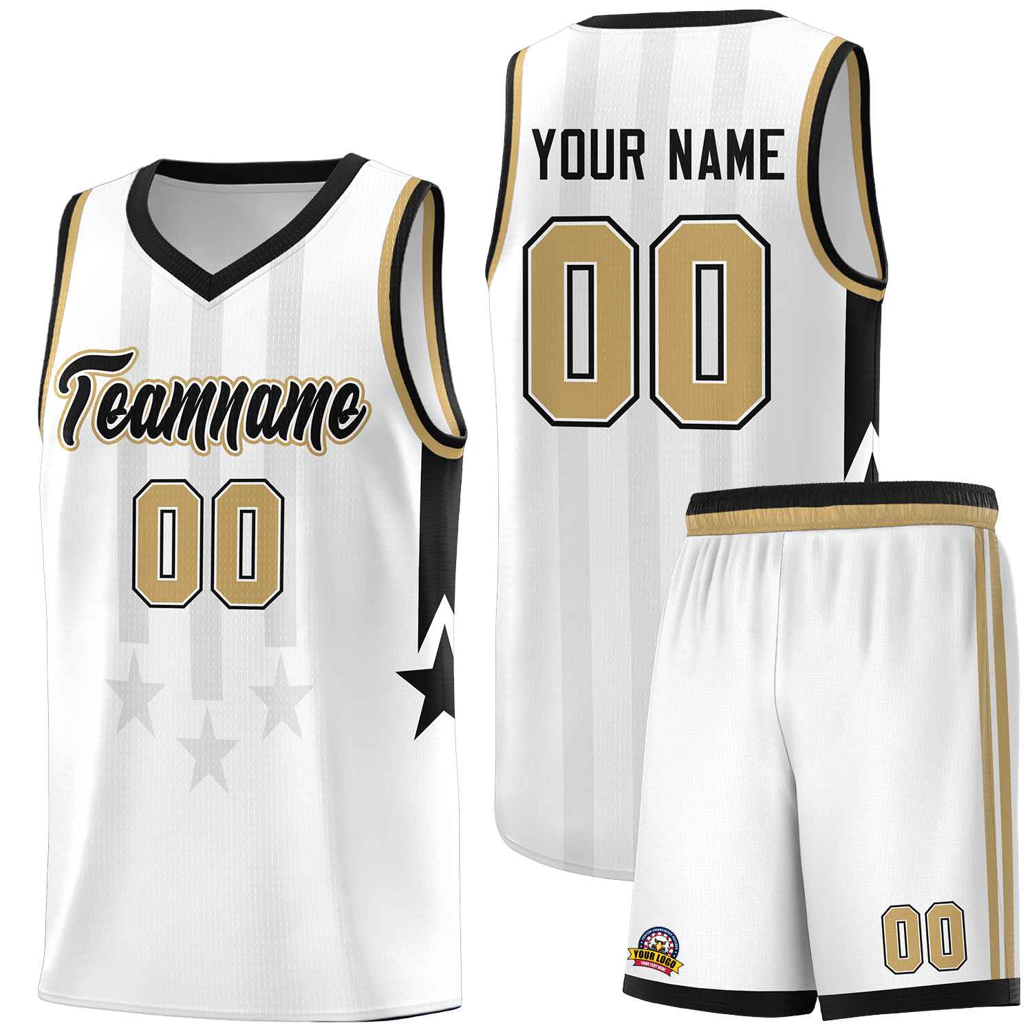 Custom White Black and Old Gold Gradient Star Graffiti Pattern Sports Uniform Basketball Jersey