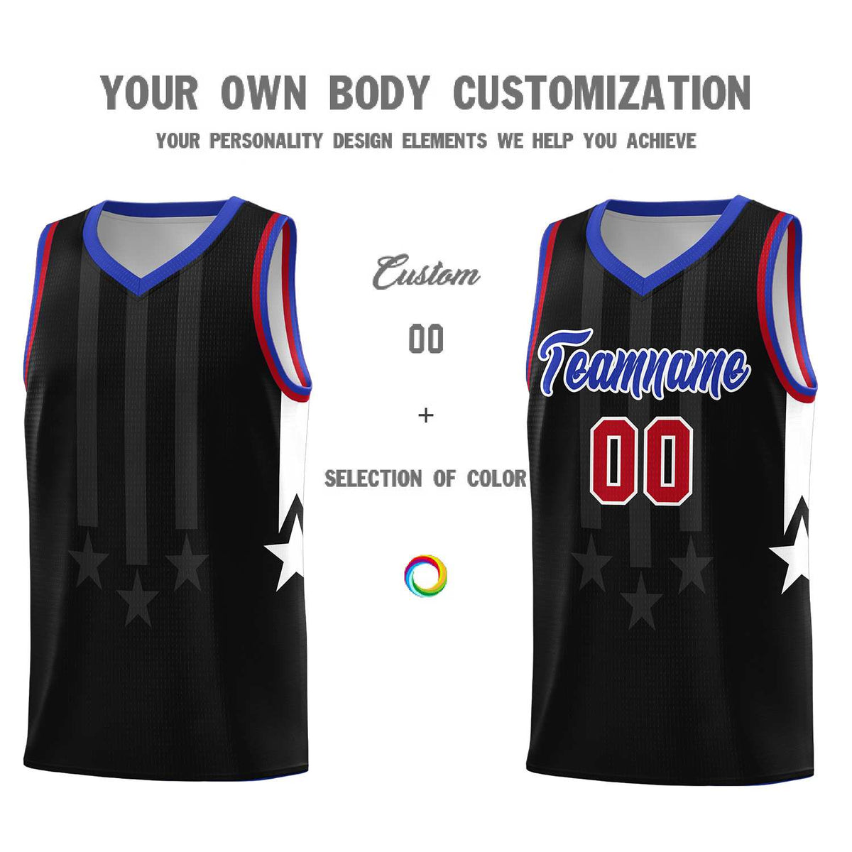Custom Black Royal and Red Gradient Star Graffiti Pattern Sports Uniform Basketball Jersey