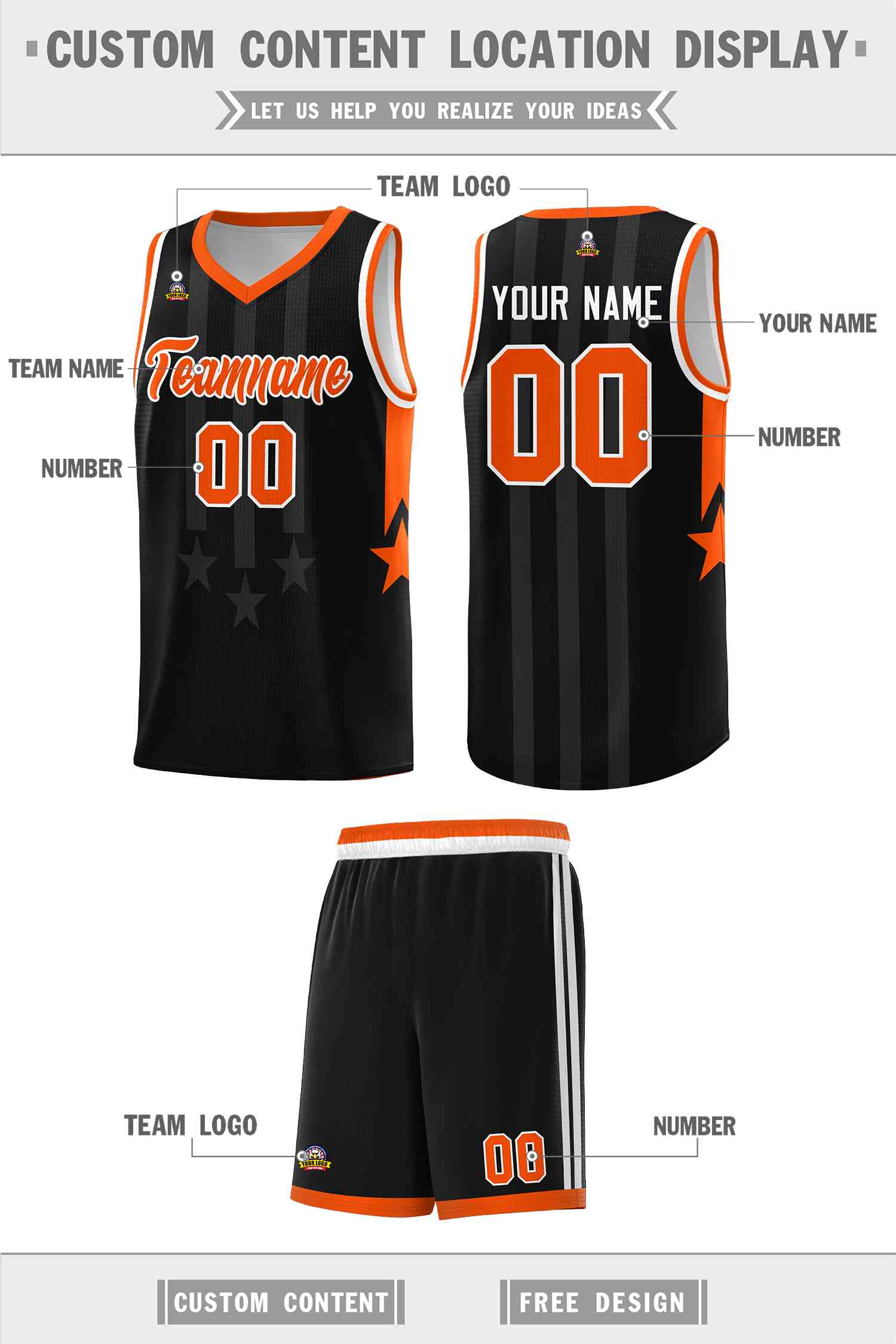 Custom Black Orange and White Gradient Star Graffiti Pattern Sports Uniform Basketball Jersey