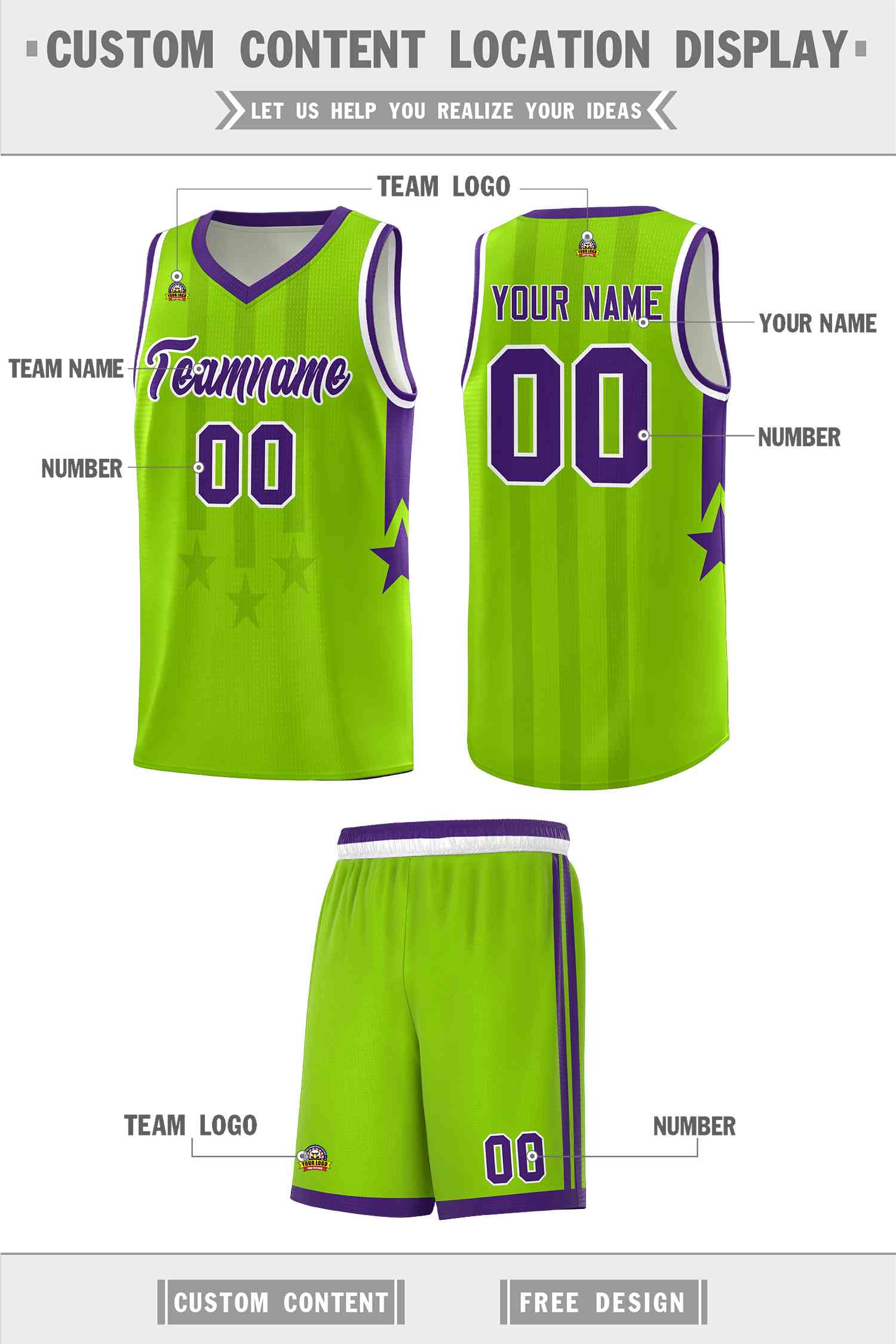 Custom Neon Green Purple and White Gradient Star Graffiti Pattern Sports Uniform Basketball Jersey