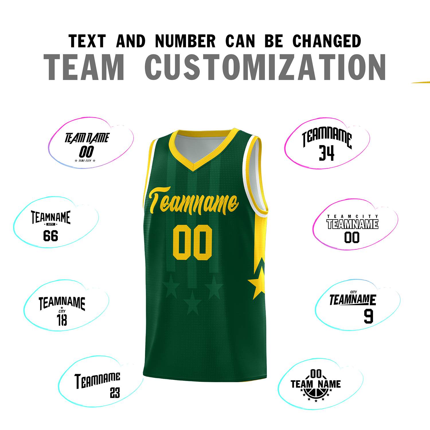 Custom Green Gold and White Gradient Star Graffiti Pattern Sports Uniform Basketball Jersey