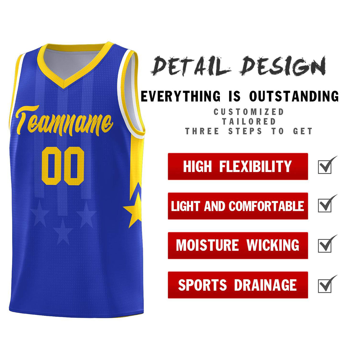 Custom Royal Gold and White Gradient Star Graffiti Pattern Sports Uniform Basketball Jersey