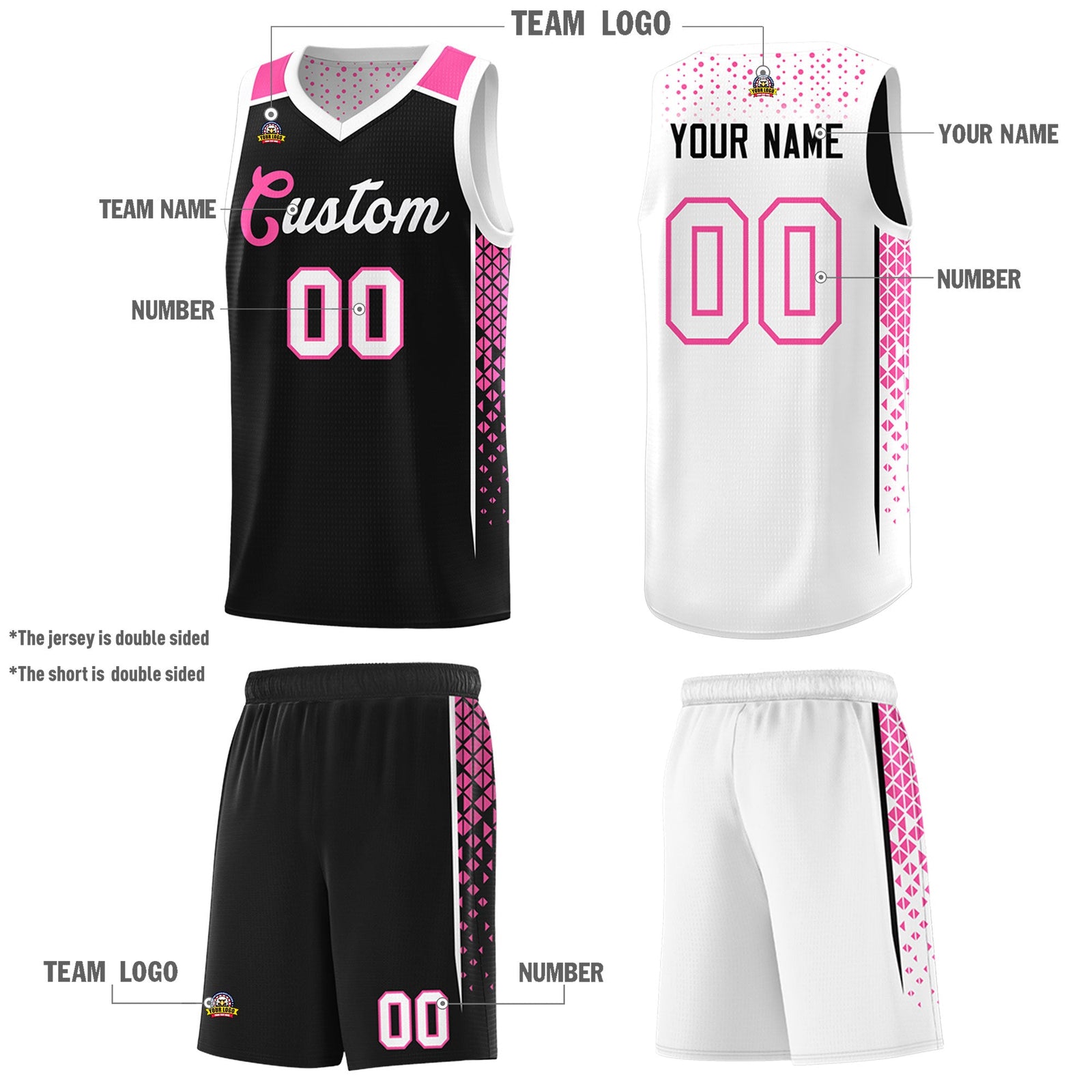 Custom Black White Side Gradient Patttern Double Side Sports Uniform Basketball Jersey