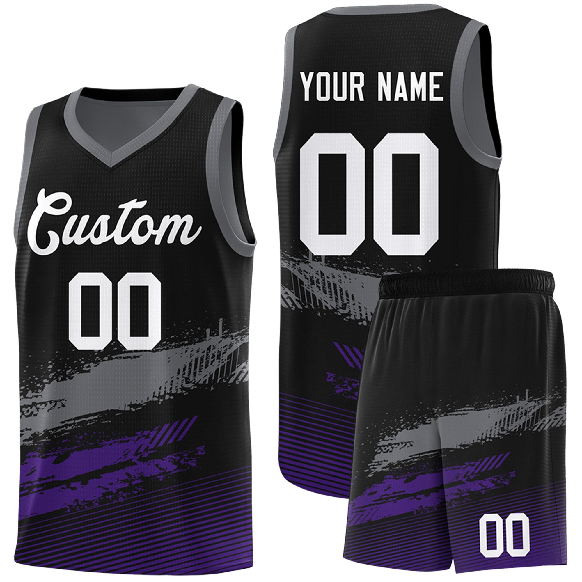 Custom Black Grey and Purple Graffiti Pattern Sports Uniform Basketball Jersey
