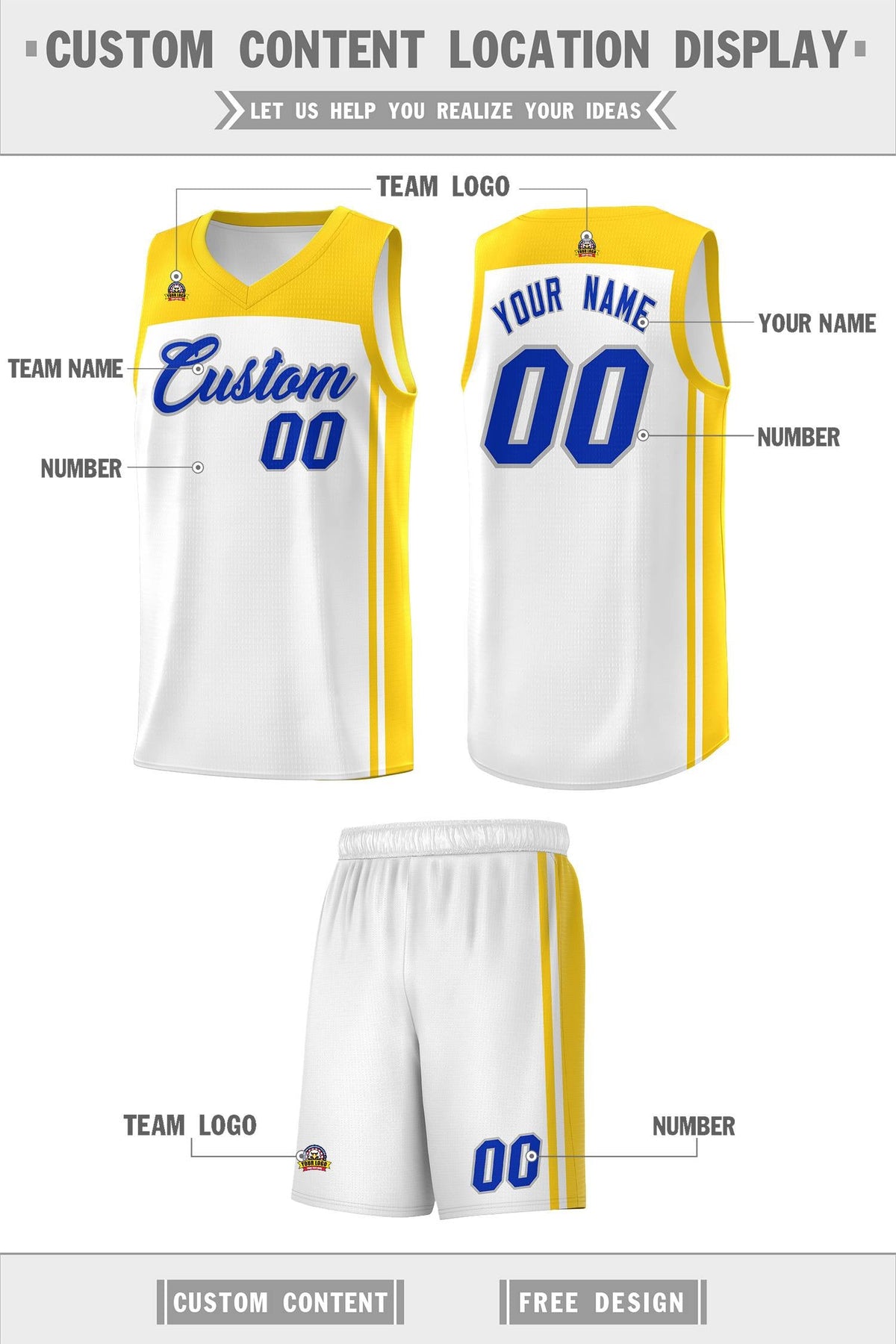 Custom White Gold Classic Sets Sports Uniform Basketball Jersey