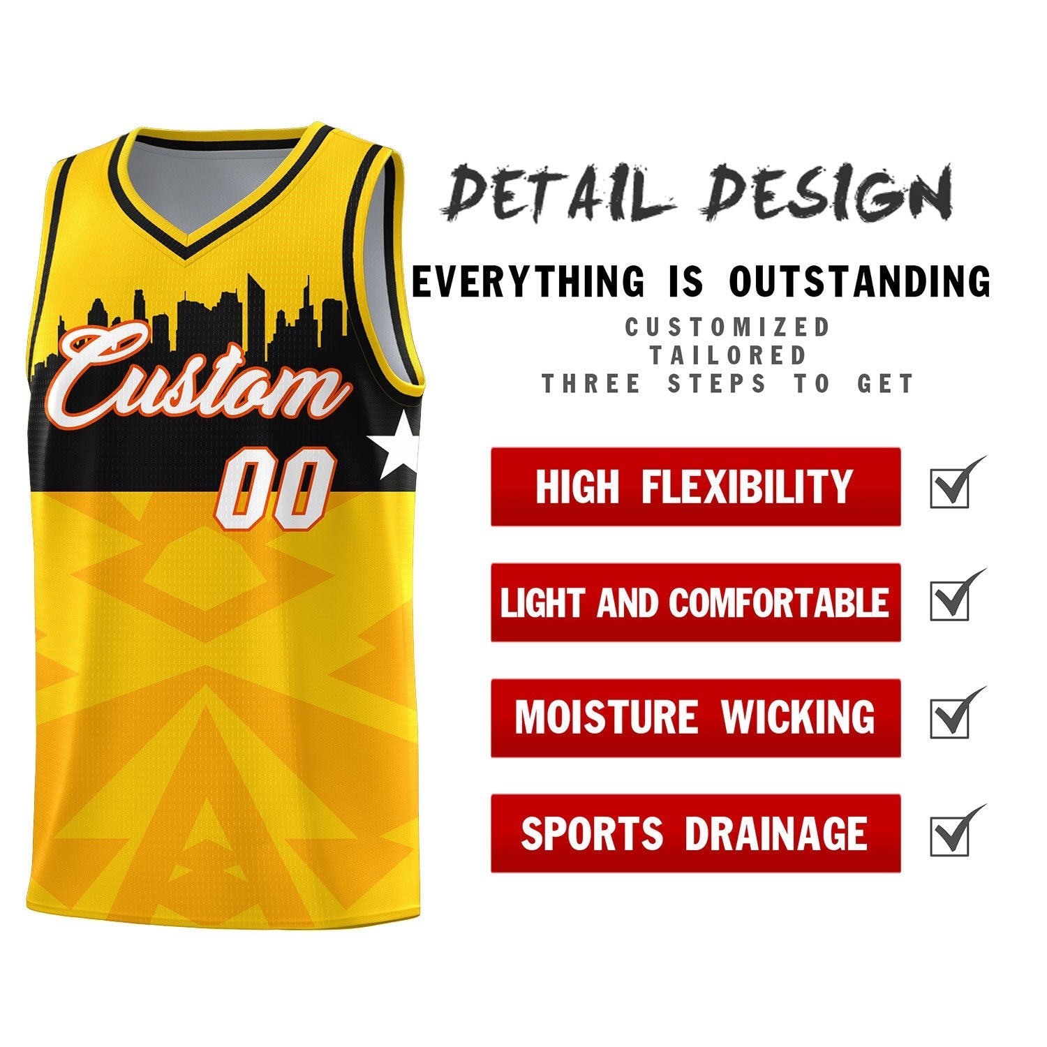 Custom Gold Personalized City Silhouette Pattern Sports Uniform Basketball Jersey