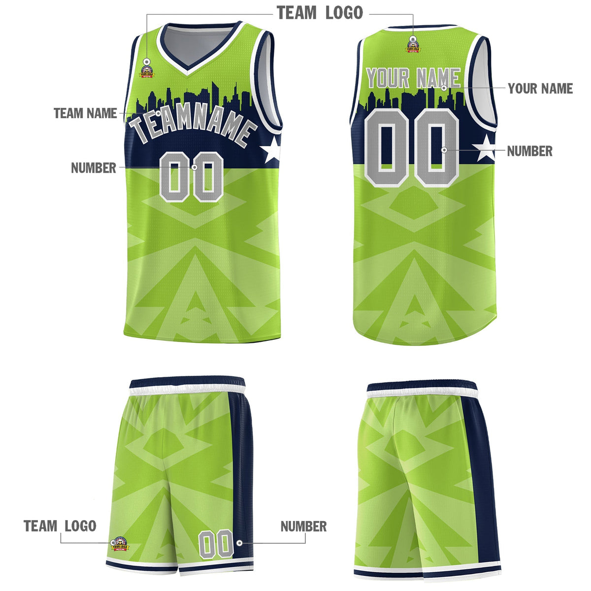 Custom Neon Green Personalized City Silhouette Pattern Sports Uniform Basketball Jersey