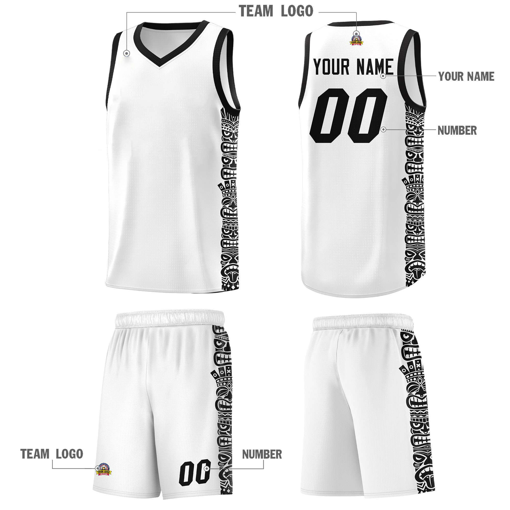 Custom Logo/Text White Black Personalized Indians Pattern Sets Sports Uniform Basketball Jersey